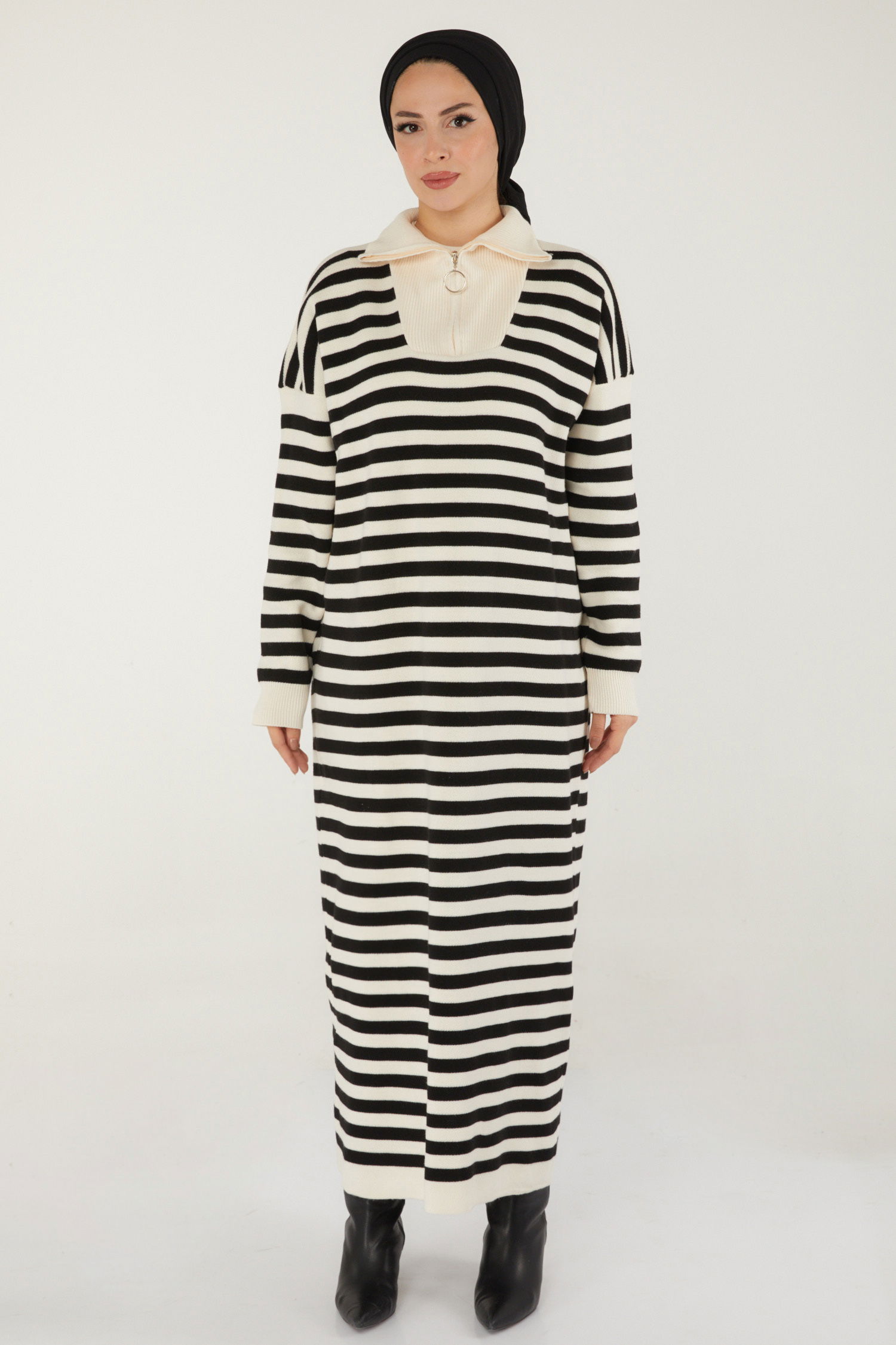 Düz Balıkcı Yaka Kadın Beyaz Boğazlı Triko Elbise - 26506 - 3