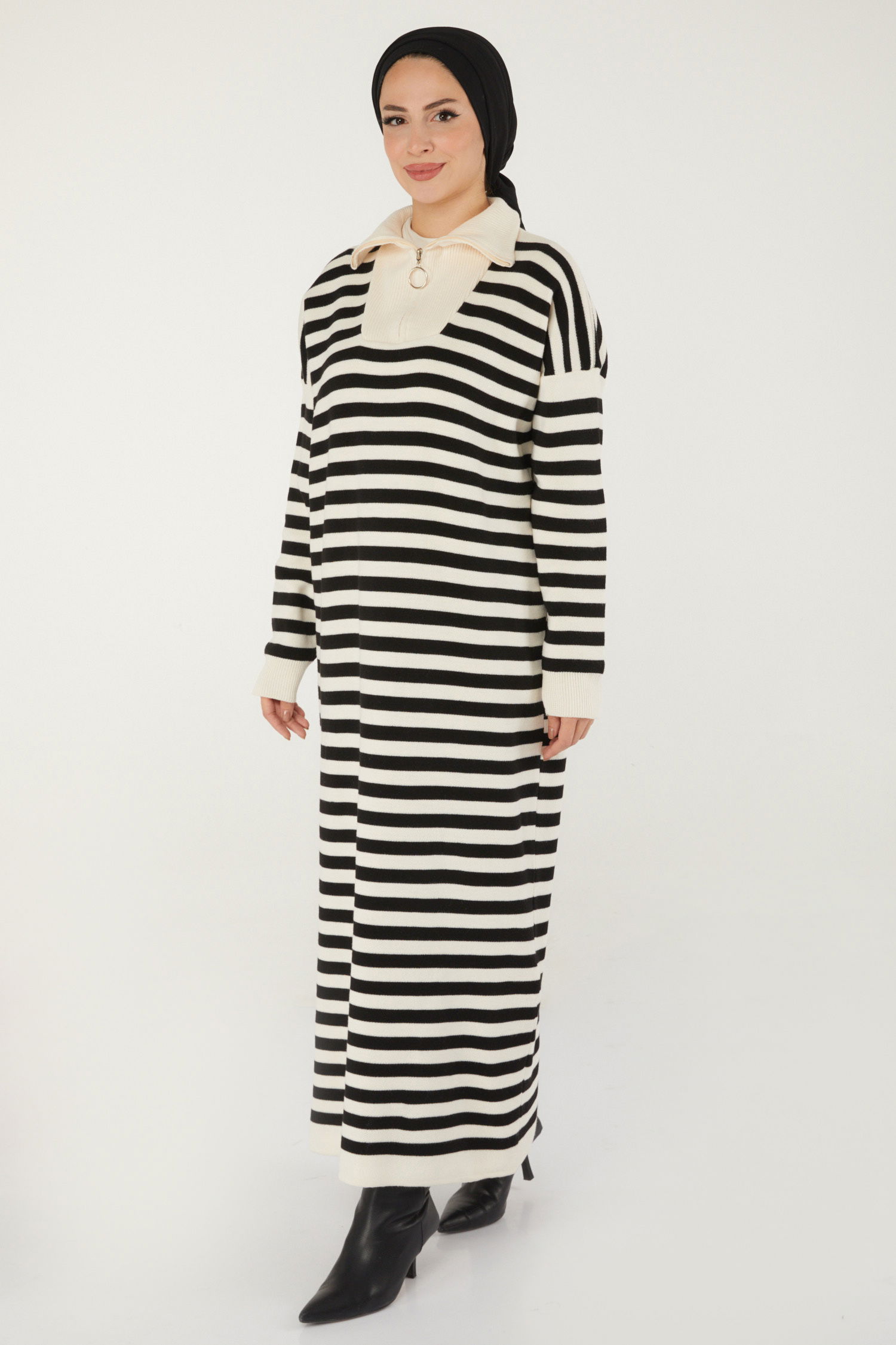 Düz Balıkcı Yaka Kadın Beyaz Boğazlı Triko Elbise - 26506 - 4