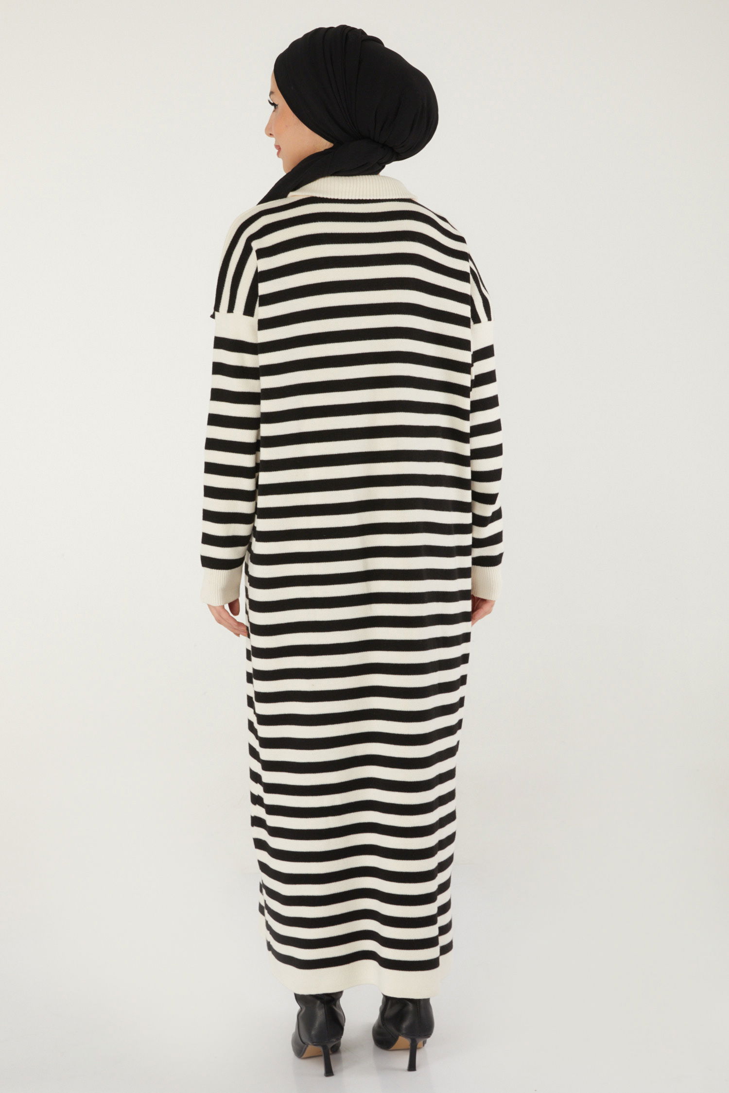 Düz Balıkcı Yaka Kadın Beyaz Boğazlı Triko Elbise - 26506 - 5