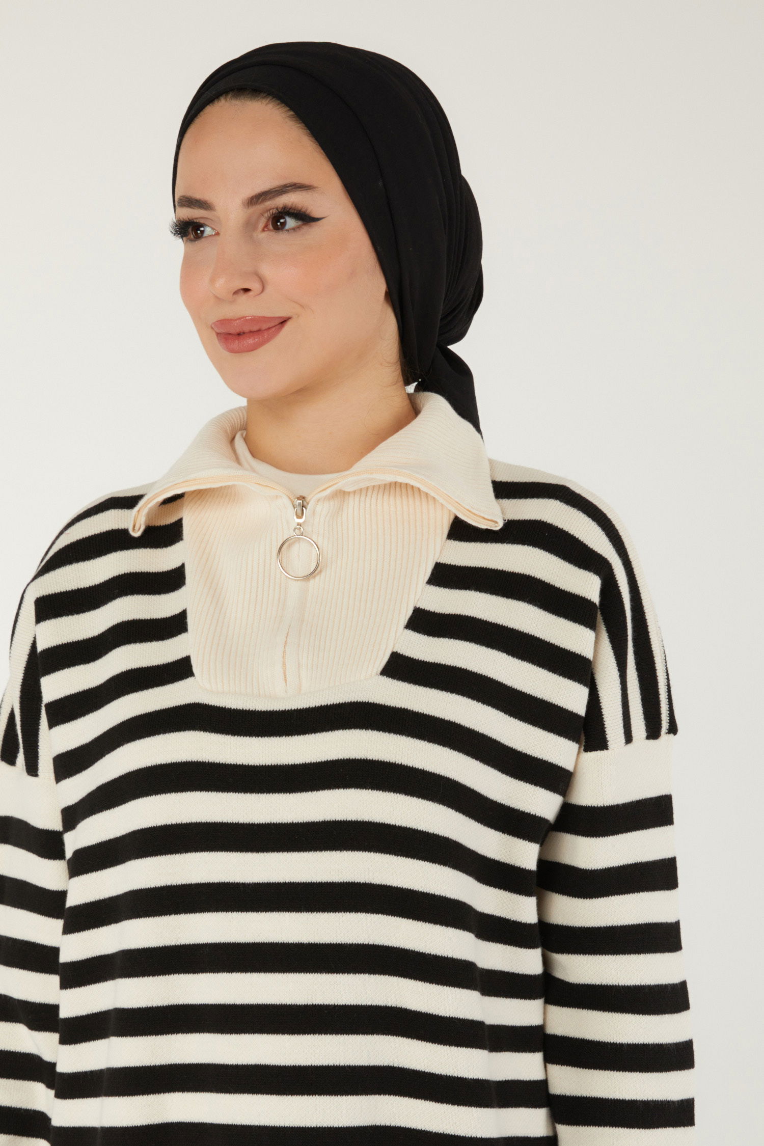 Düz Balıkcı Yaka Kadın Beyaz Boğazlı Triko Elbise - 26506 - 6