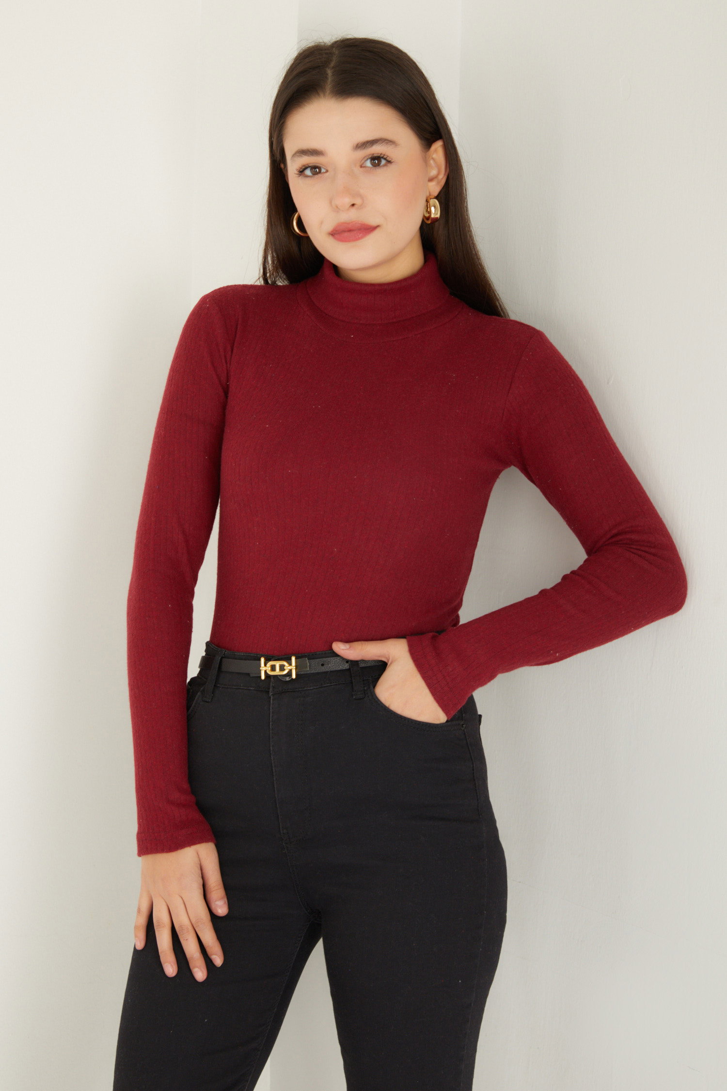 Düz Balıkcı Yaka Kadın Bordo Fitilli Badi - 26537 - 1
