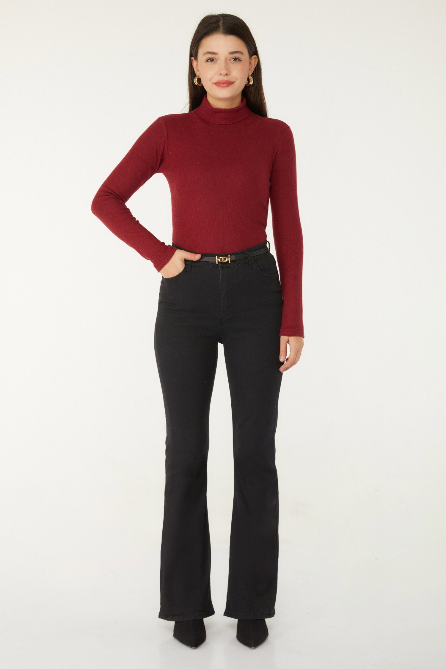 Düz Balıkcı Yaka Kadın Bordo Fitilli Badi - 26537 - 2