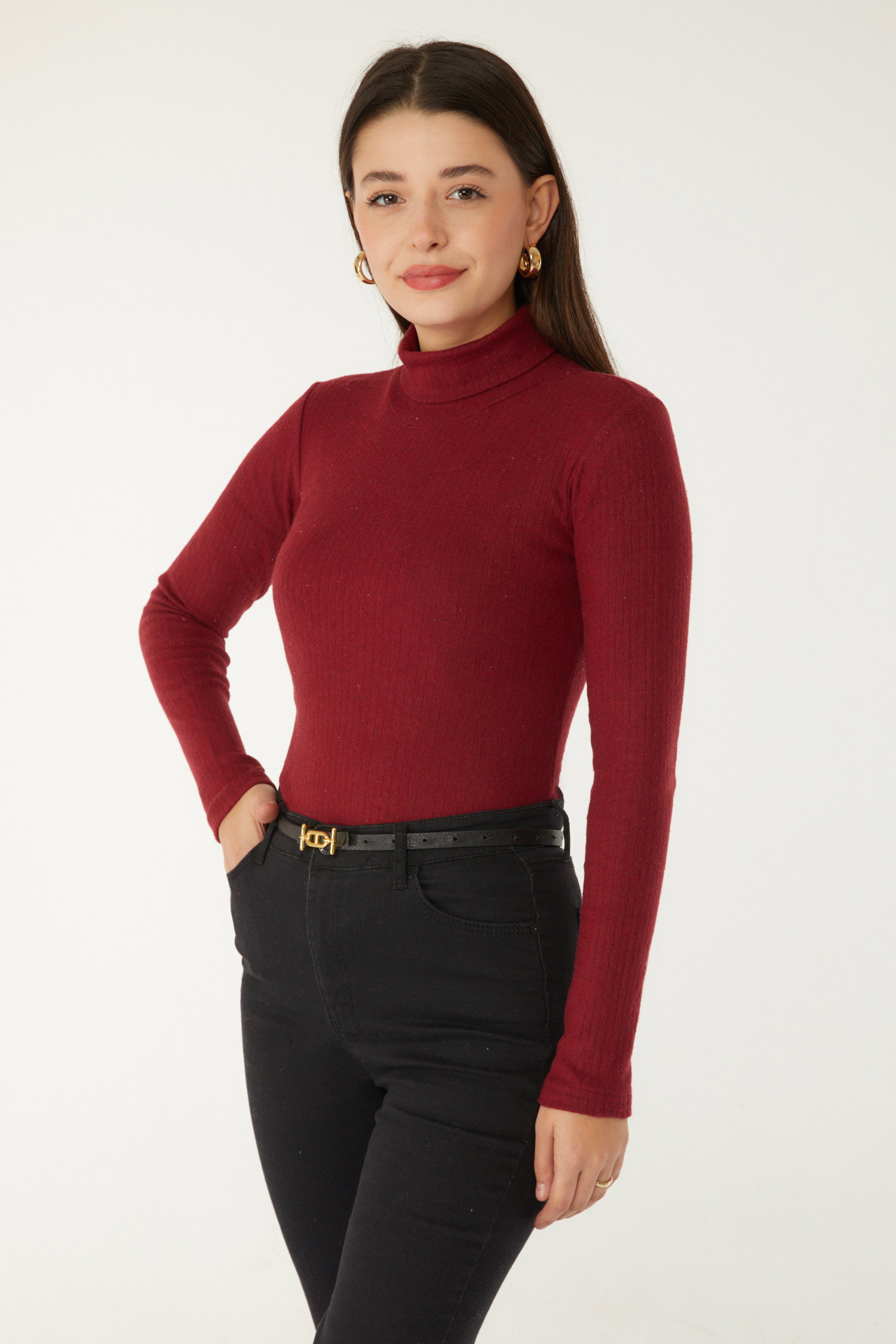 Düz Balıkcı Yaka Kadın Bordo Fitilli Badi - 26537 - 3