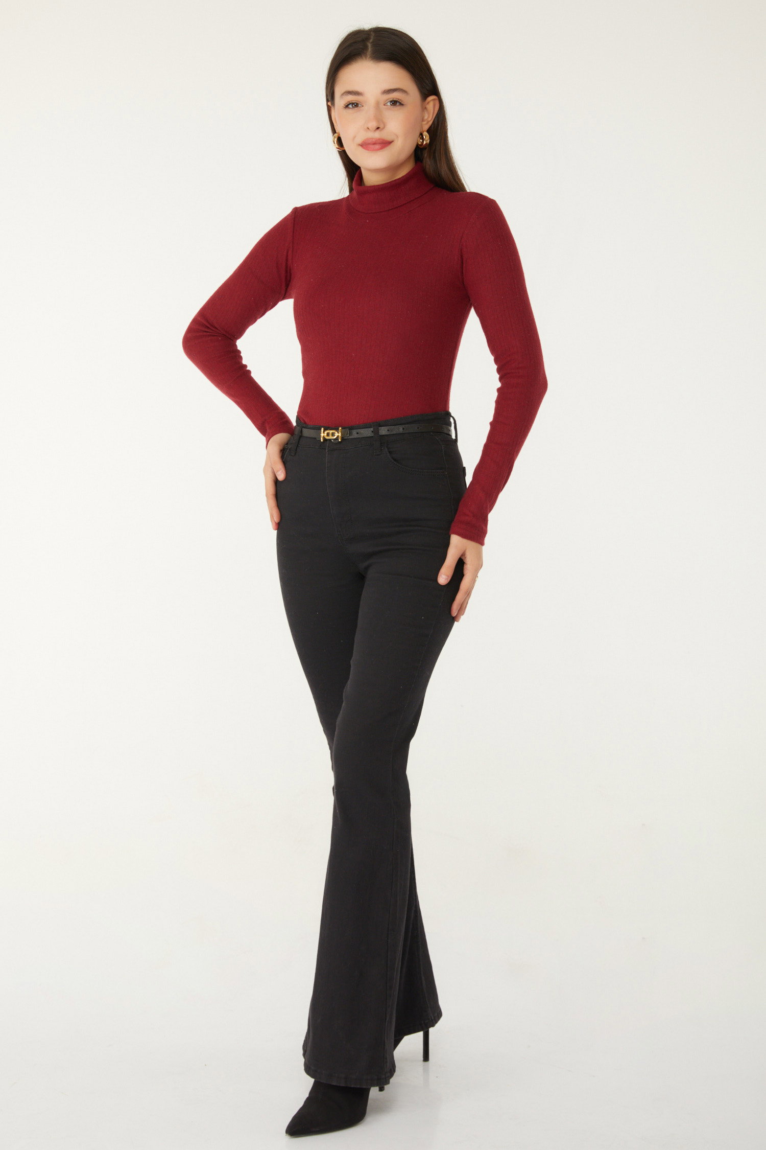 Düz Balıkcı Yaka Kadın Bordo Fitilli Badi - 26537 - 4