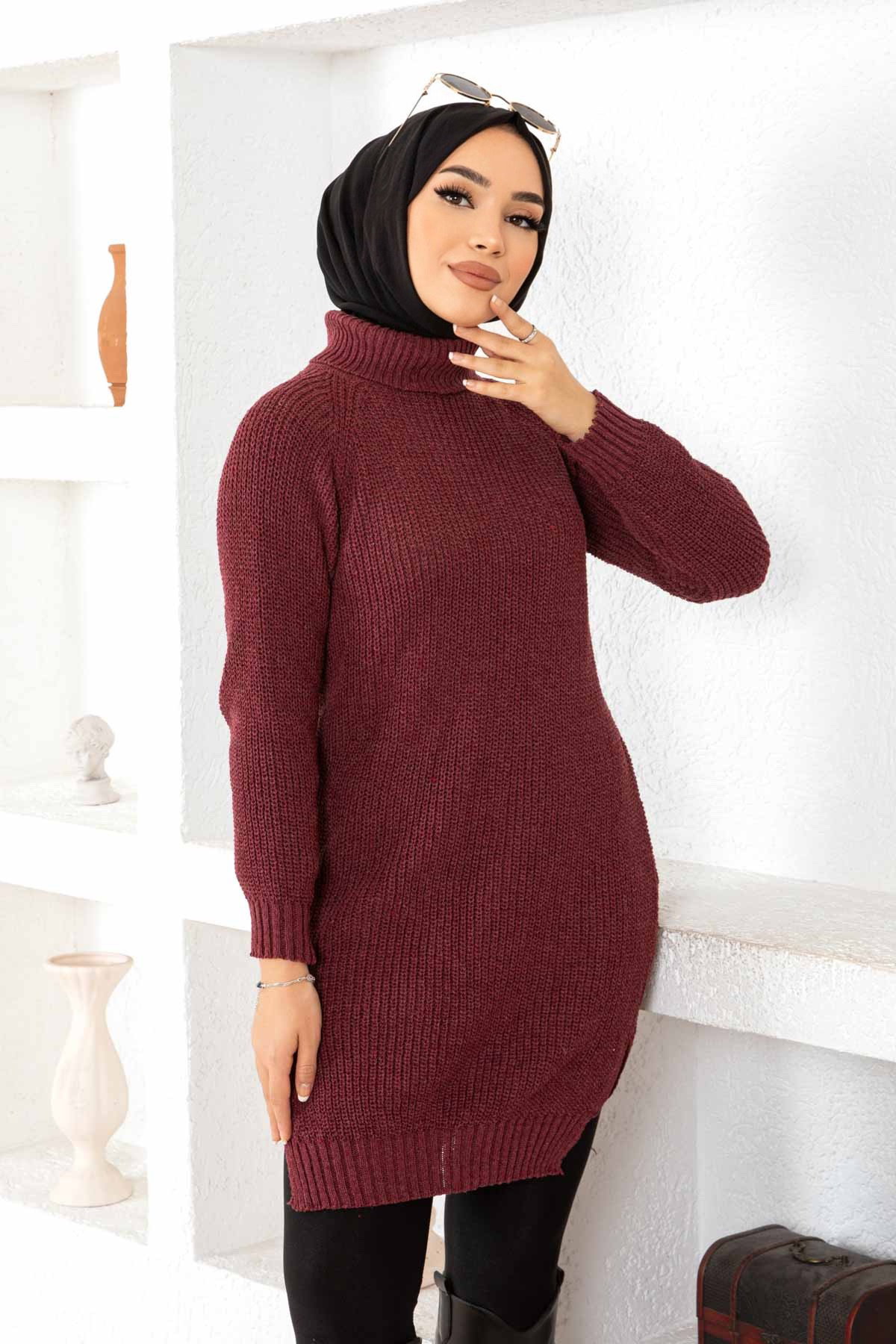 Düz Balıkcı Yaka Kadın Bordo Triko Kazak - 26595 - 1