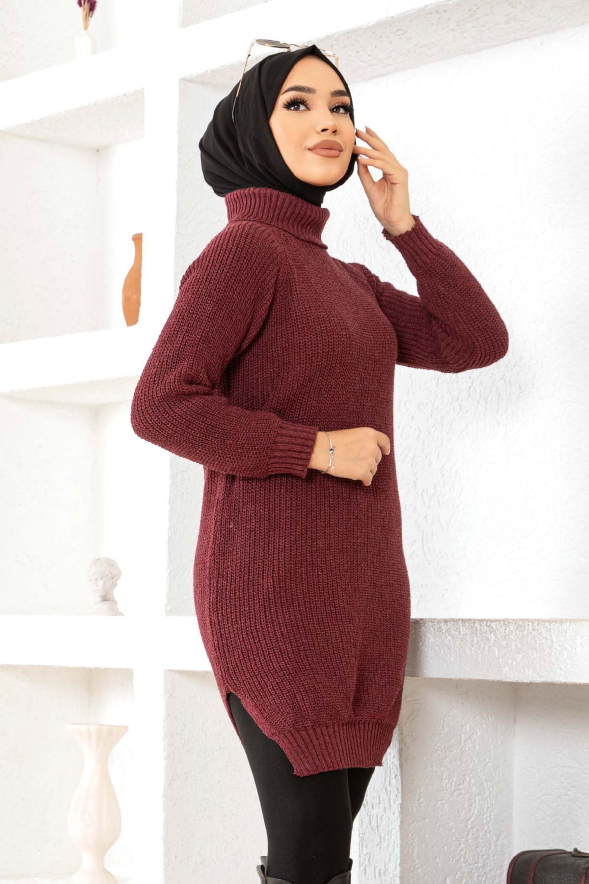 Düz Balıkcı Yaka Kadın Bordo Triko Kazak - 26595 - 3