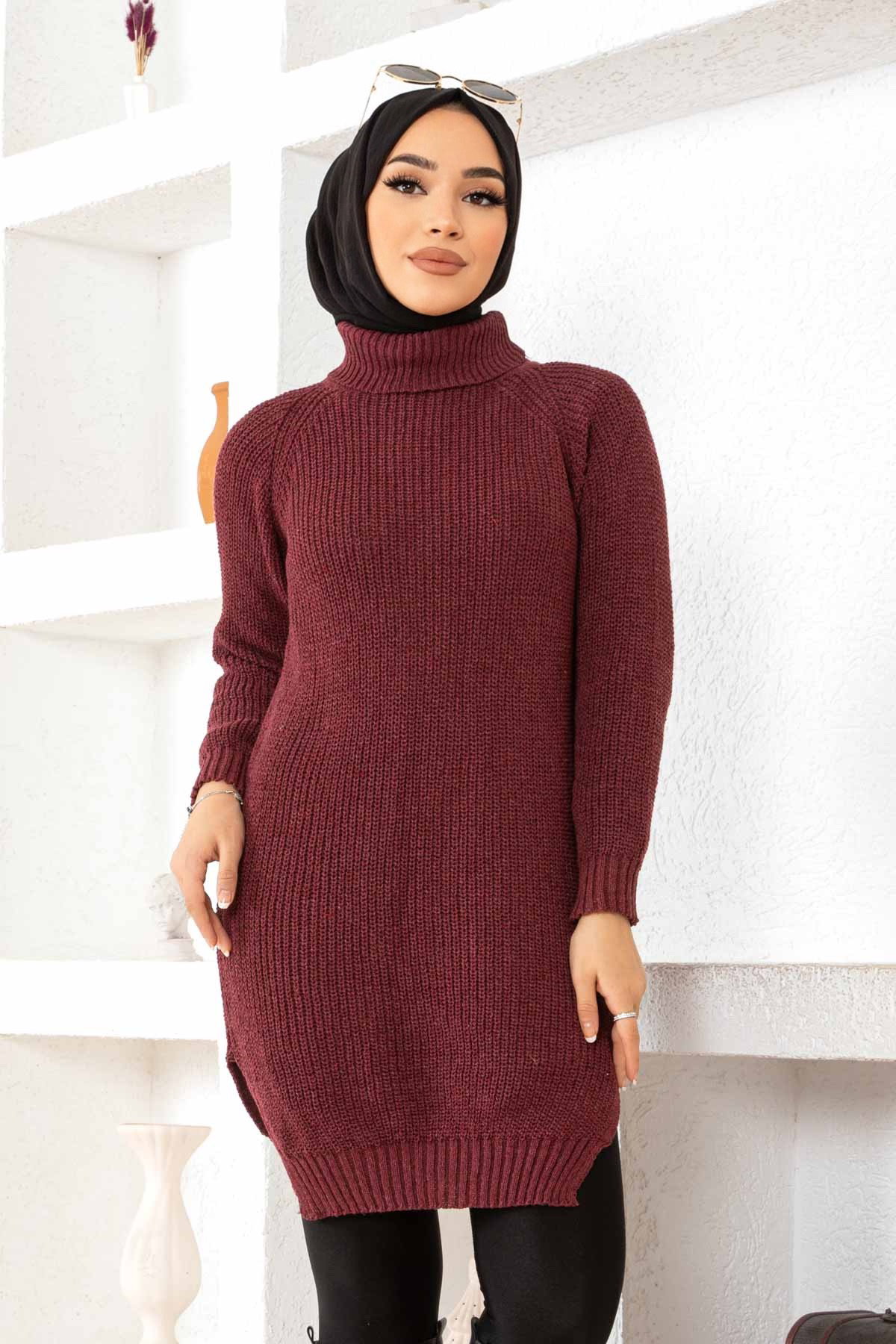 Düz Balıkcı Yaka Kadın Bordo Triko Kazak - 26595 - 4