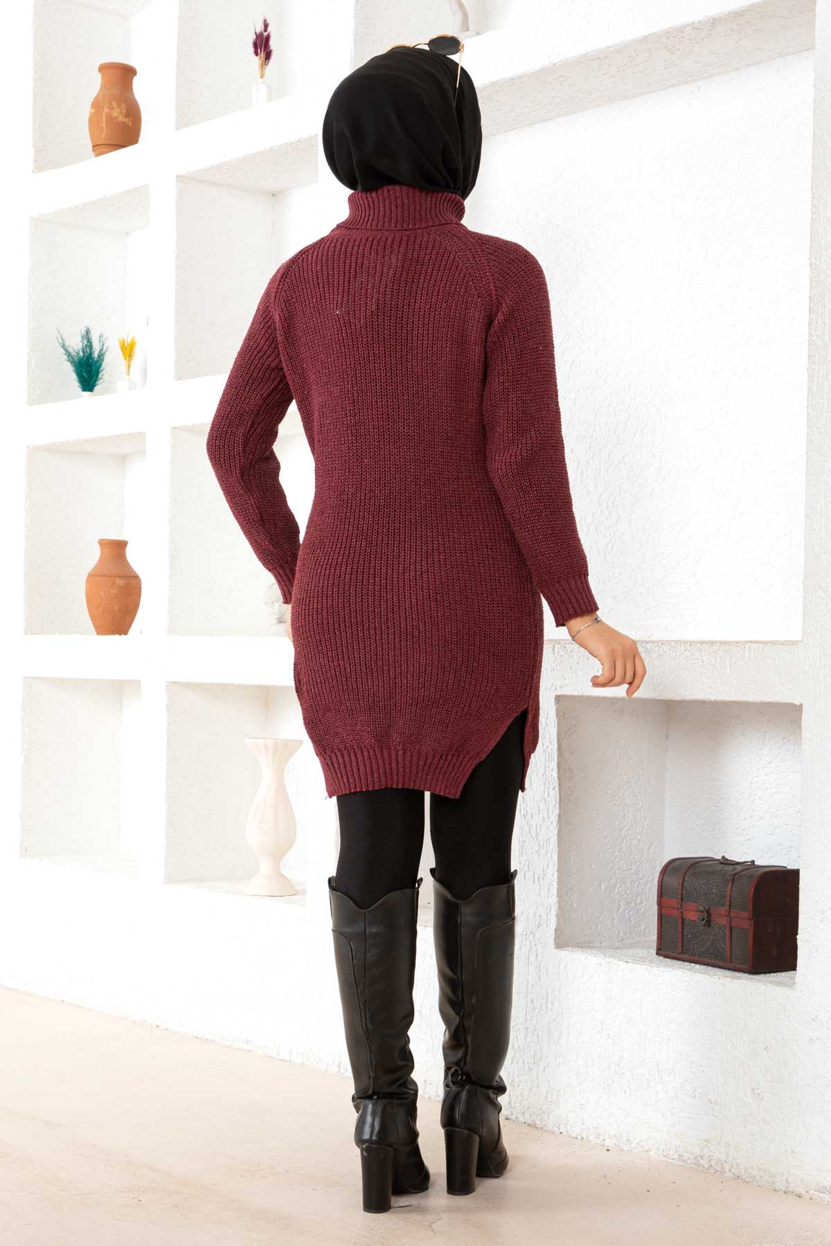 Düz Balıkcı Yaka Kadın Bordo Triko Kazak - 26595 - 5