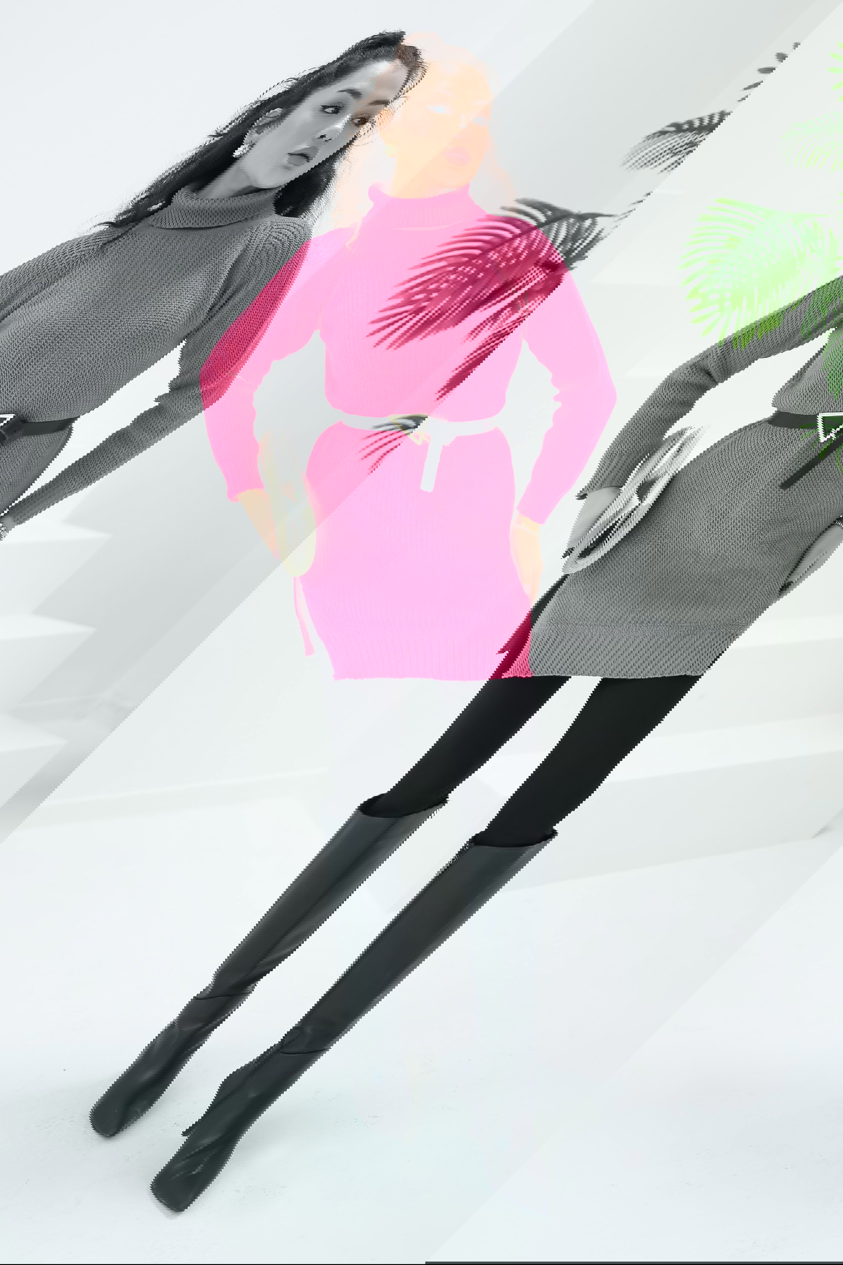 Düz Balıkcı Yaka Kadın Fusya Triko Kazak - 26595 - 4