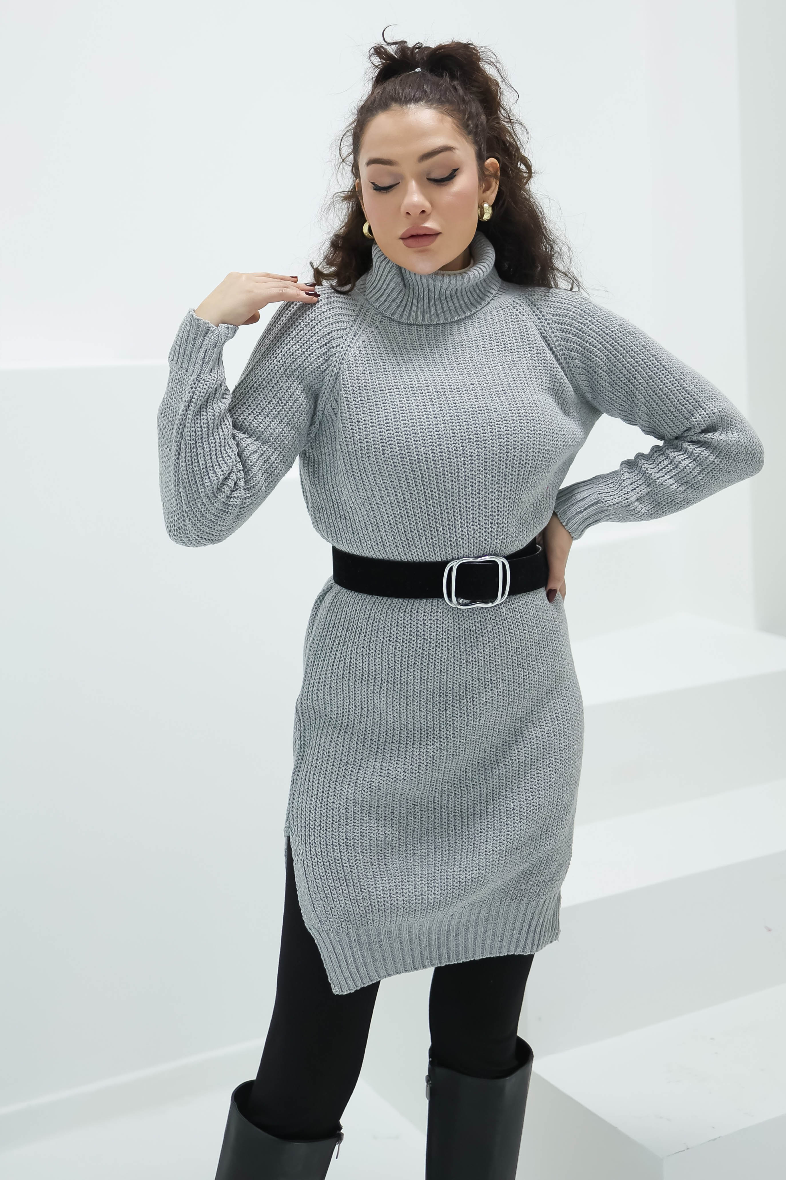 Düz Balıkcı Yaka Kadın Gri Triko Kazak - 26595 - 2