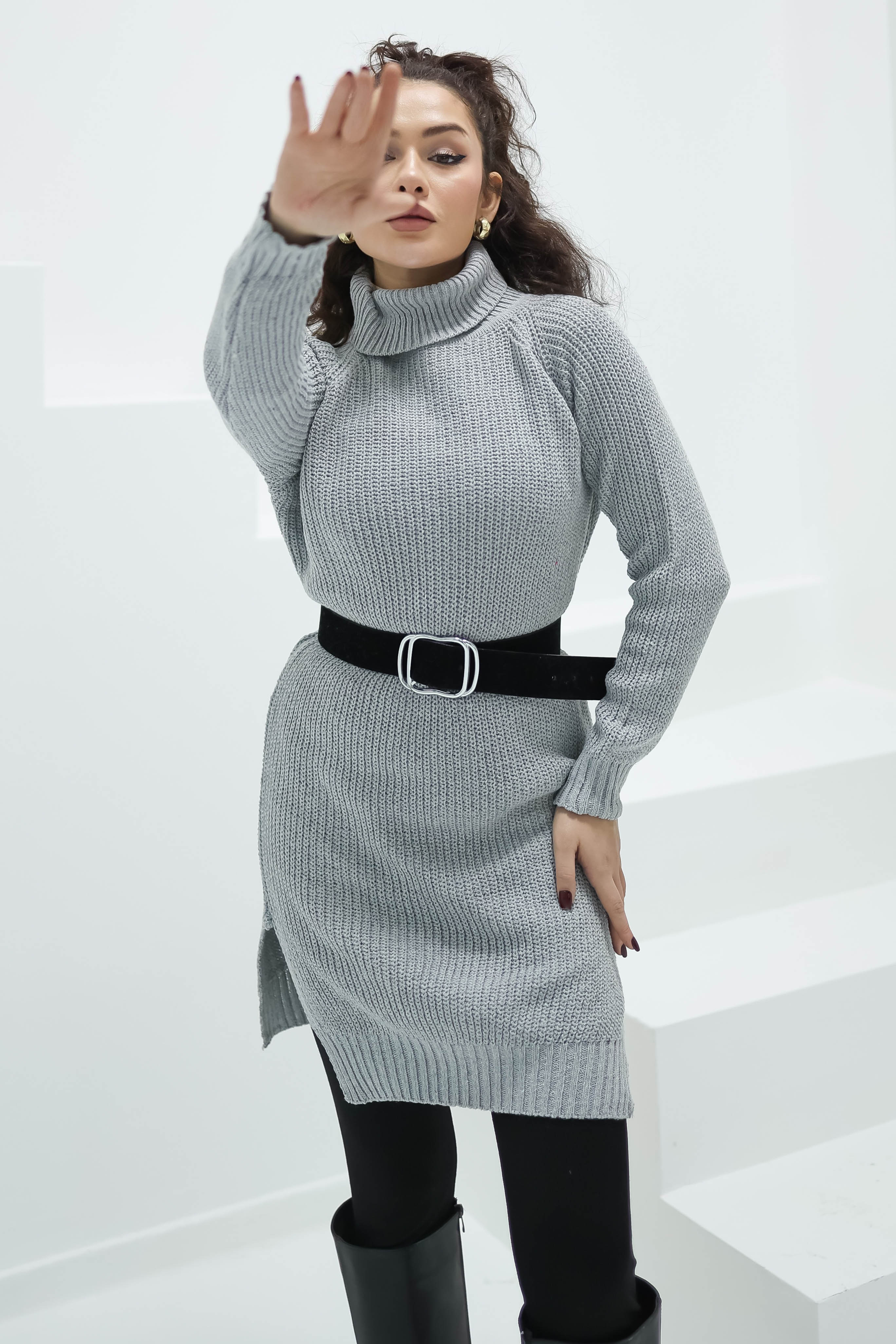 Düz Balıkcı Yaka Kadın Gri Triko Kazak - 26595 - 4