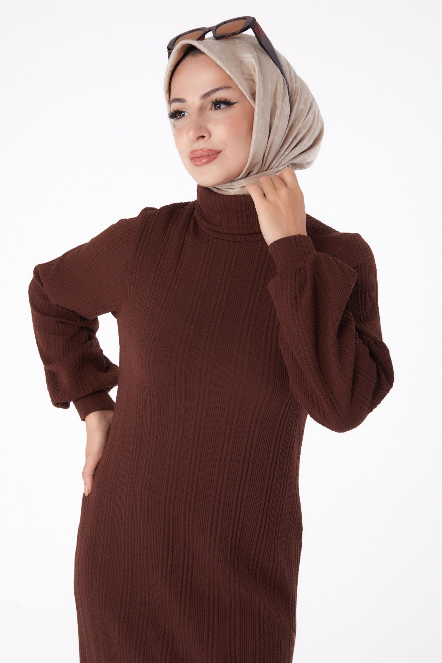 Düz Balıkcı Yaka Kadın Kahve Balıkçı Elbise - 26207 - 3