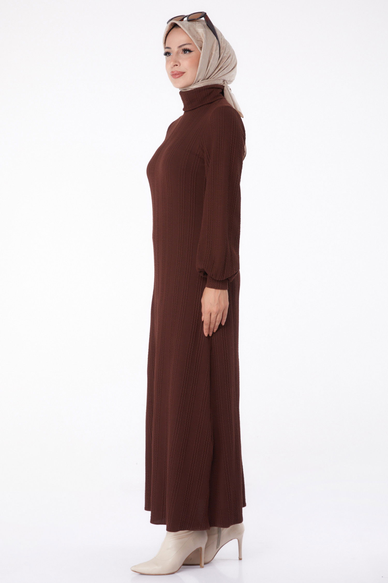 Düz Balıkcı Yaka Kadın Kahve Balıkçı Elbise - 26207 - 4