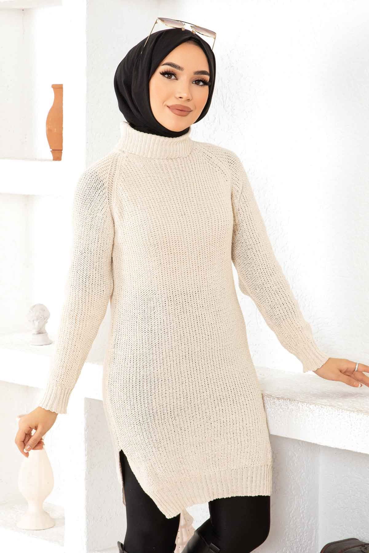 Düz Balıkcı Yaka Kadın Krem Triko Kazak - 26595 - 3