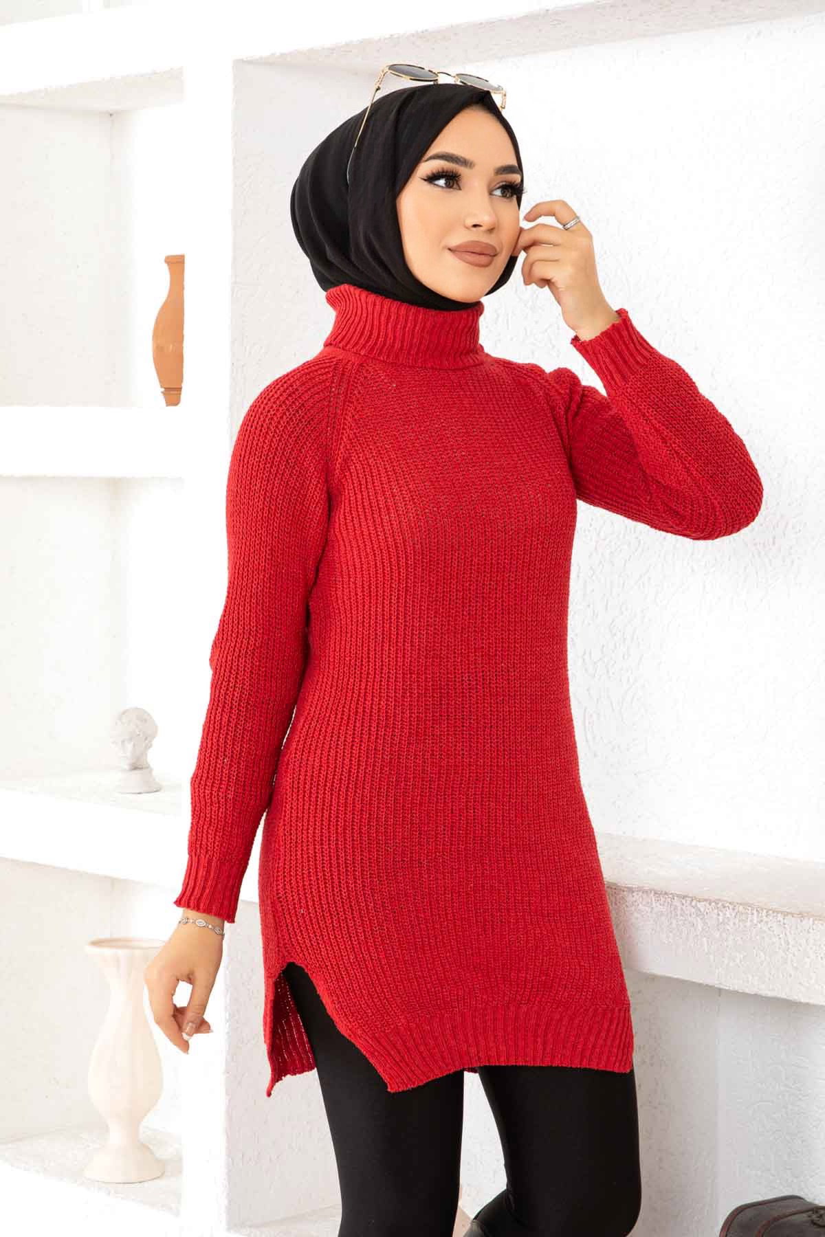 Düz Balıkcı Yaka Kadın Nar Cicegi Triko Kazak - 26595 - 1
