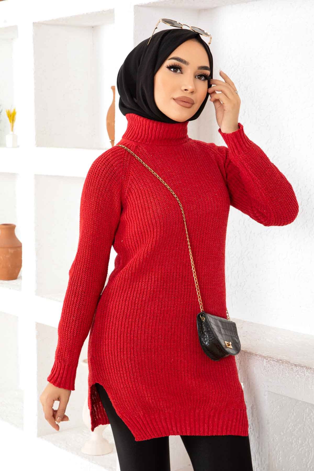 Düz Balıkcı Yaka Kadın Nar Cicegi Triko Kazak - 26595 - 3