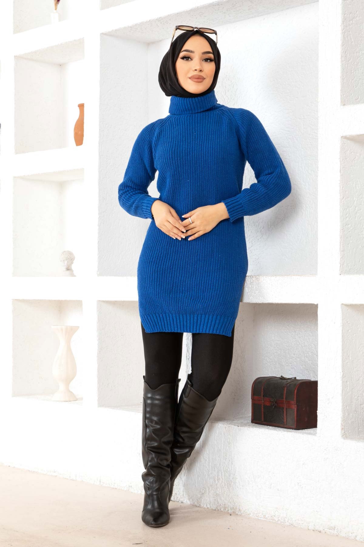 Düz Balıkcı Yaka Kadın Saks Triko Kazak - 26595 - 6