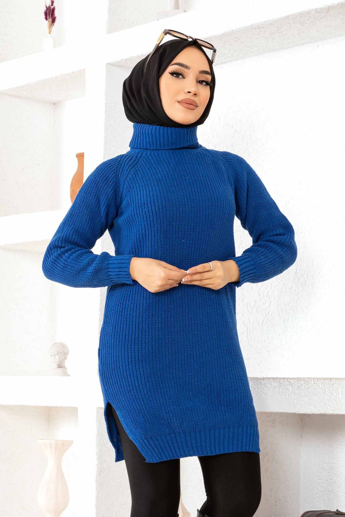 Düz Balıkcı Yaka Kadın Saks Triko Kazak - 26595 - 8