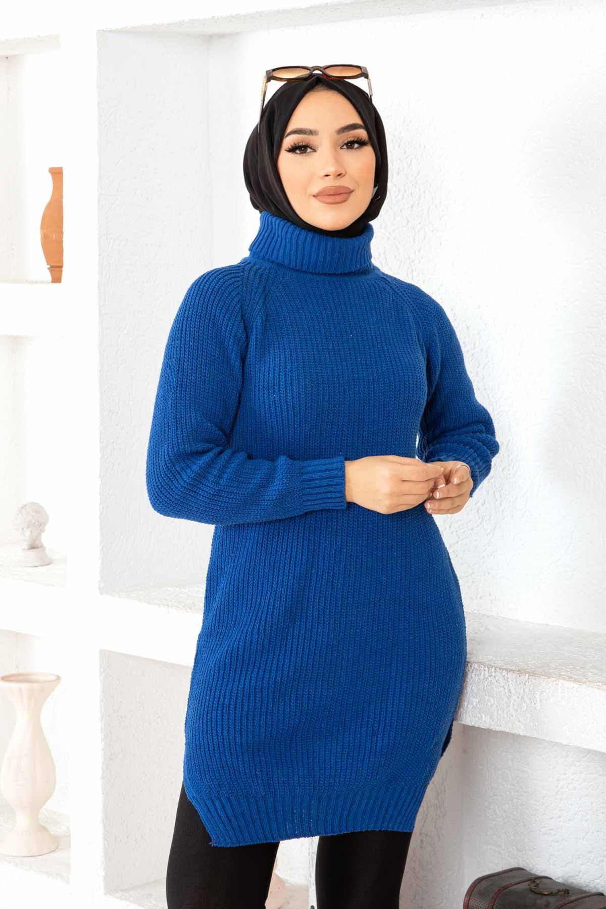 Düz Balıkcı Yaka Kadın Saks Triko Kazak - 26595 - 1