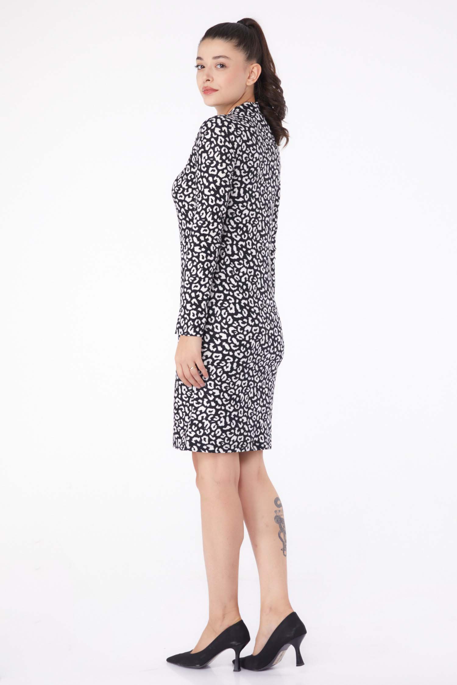 Düz Balıkcı Yaka Kadın Siyah Leopar Desenli Tunik - 26208 - 5