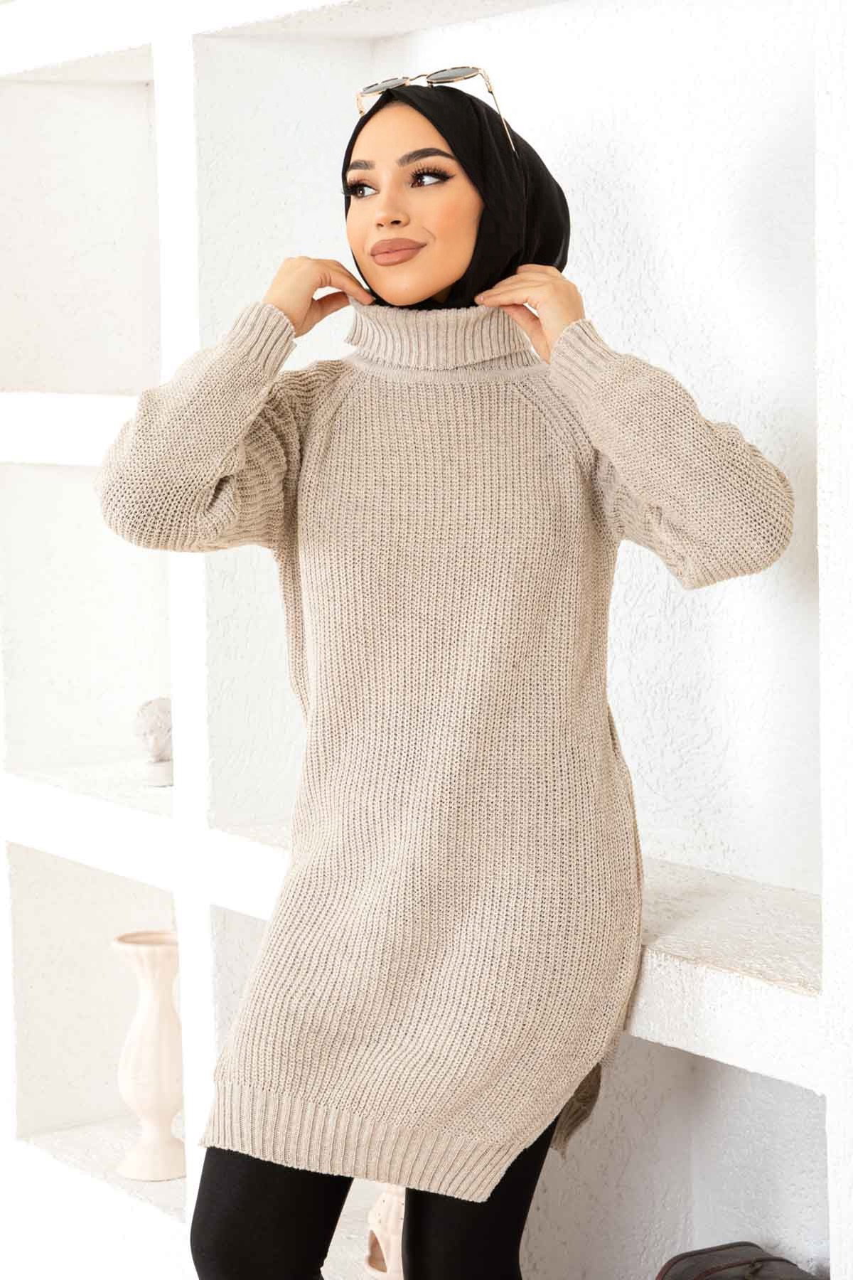 Düz Balıkcı Yaka Kadın Tas Triko Kazak - 26595 - 1