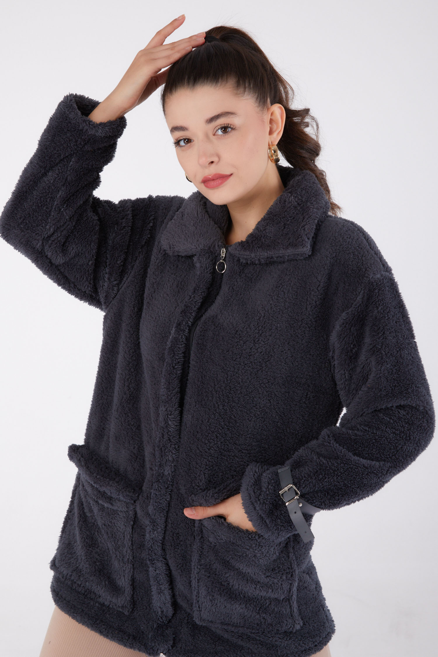 Düz Bebe Yaka Kadın Antrasit Peluş Ceket - 13323 - 4