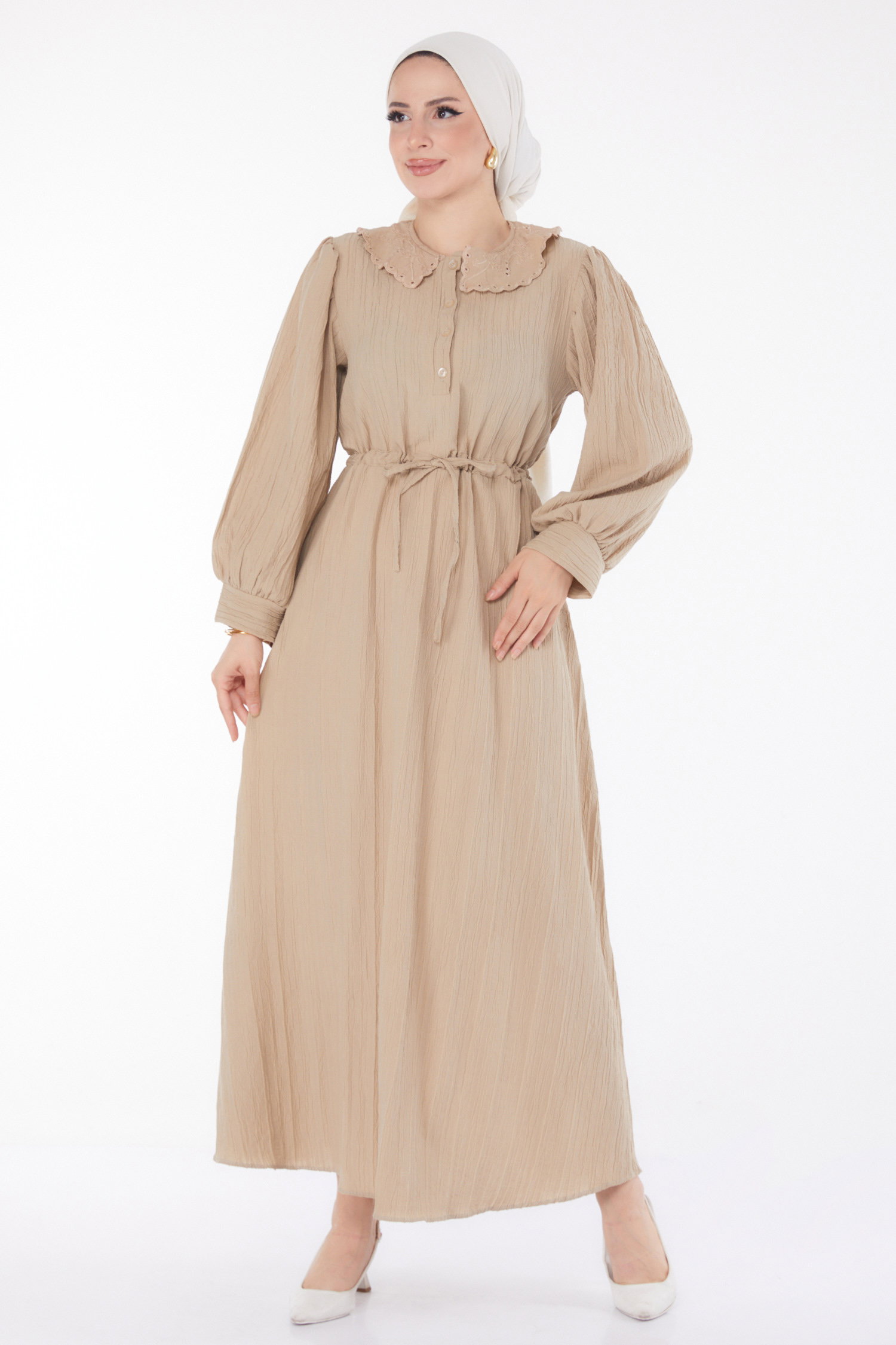 Düz Bebe Yaka Kadın Bej Beli Bağcıklı Elbise - 25709 - 1