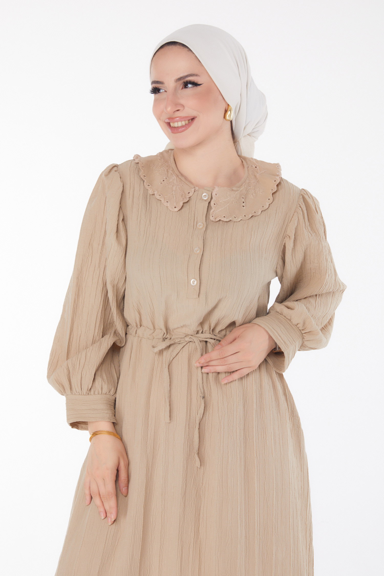 Düz Bebe Yaka Kadın Bej Beli Bağcıklı Elbise - 25709 - 2