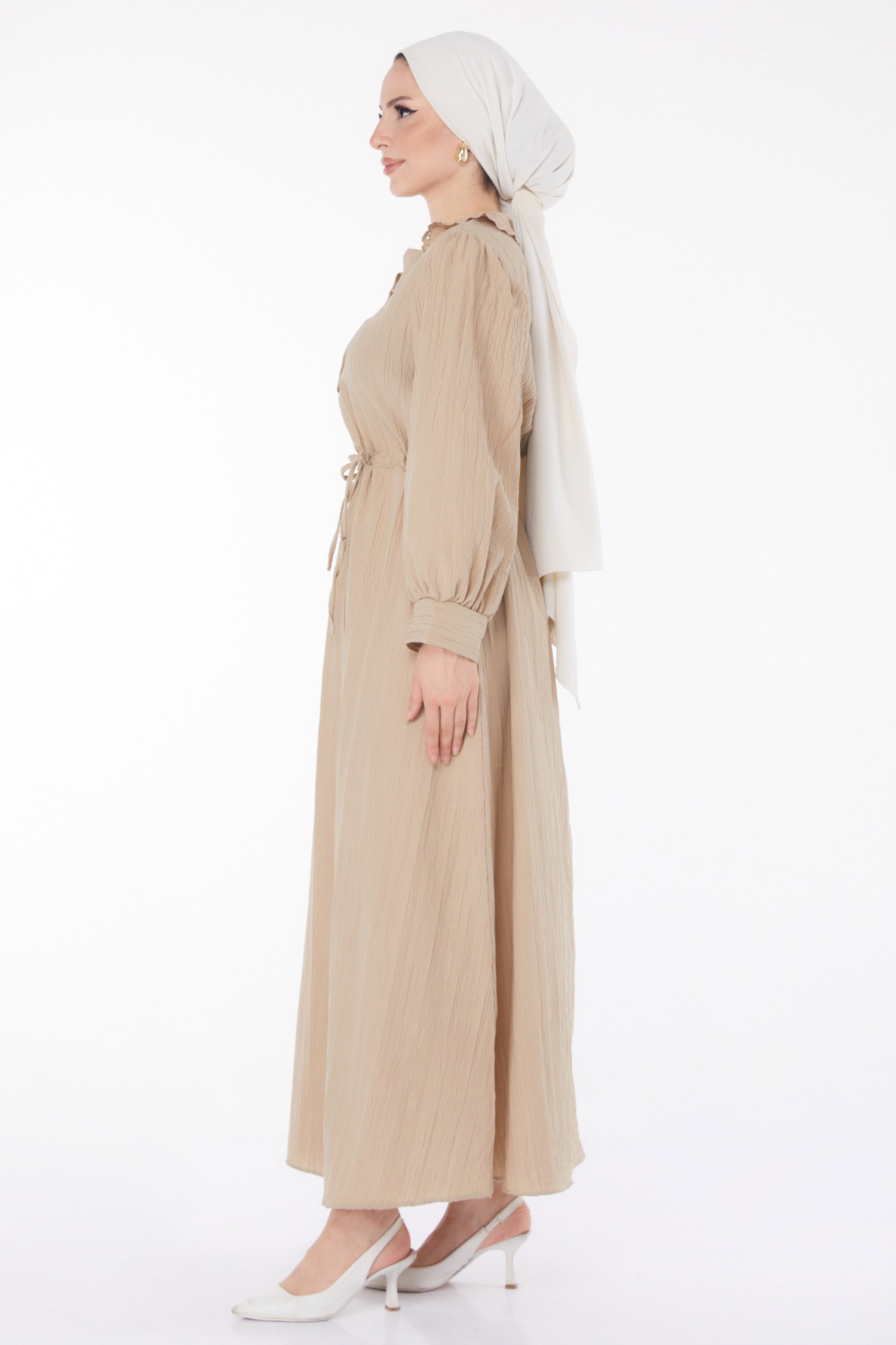 Düz Bebe Yaka Kadın Bej Beli Bağcıklı Elbise - 25709 - 3