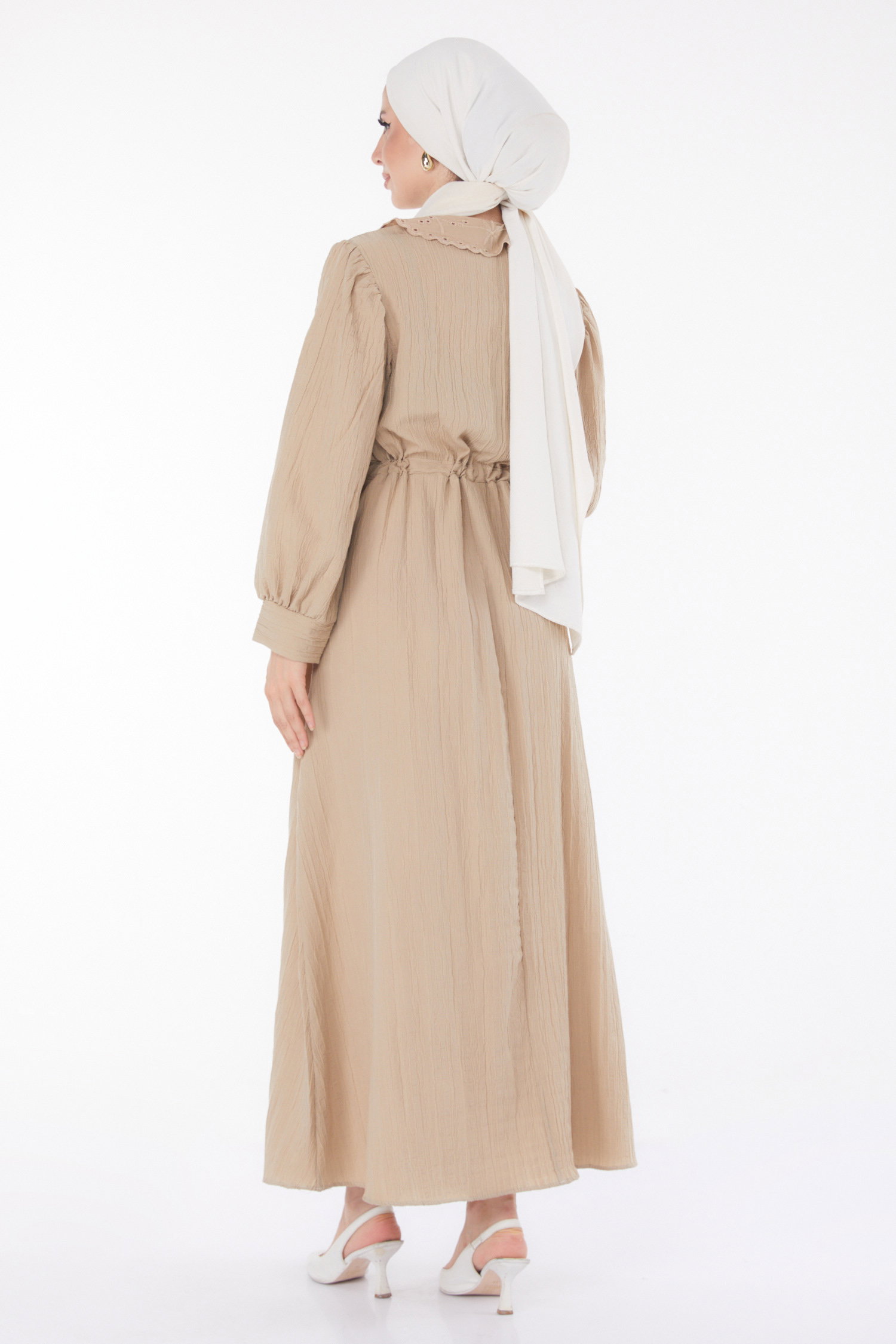 Düz Bebe Yaka Kadın Bej Beli Bağcıklı Elbise - 25709 - 4