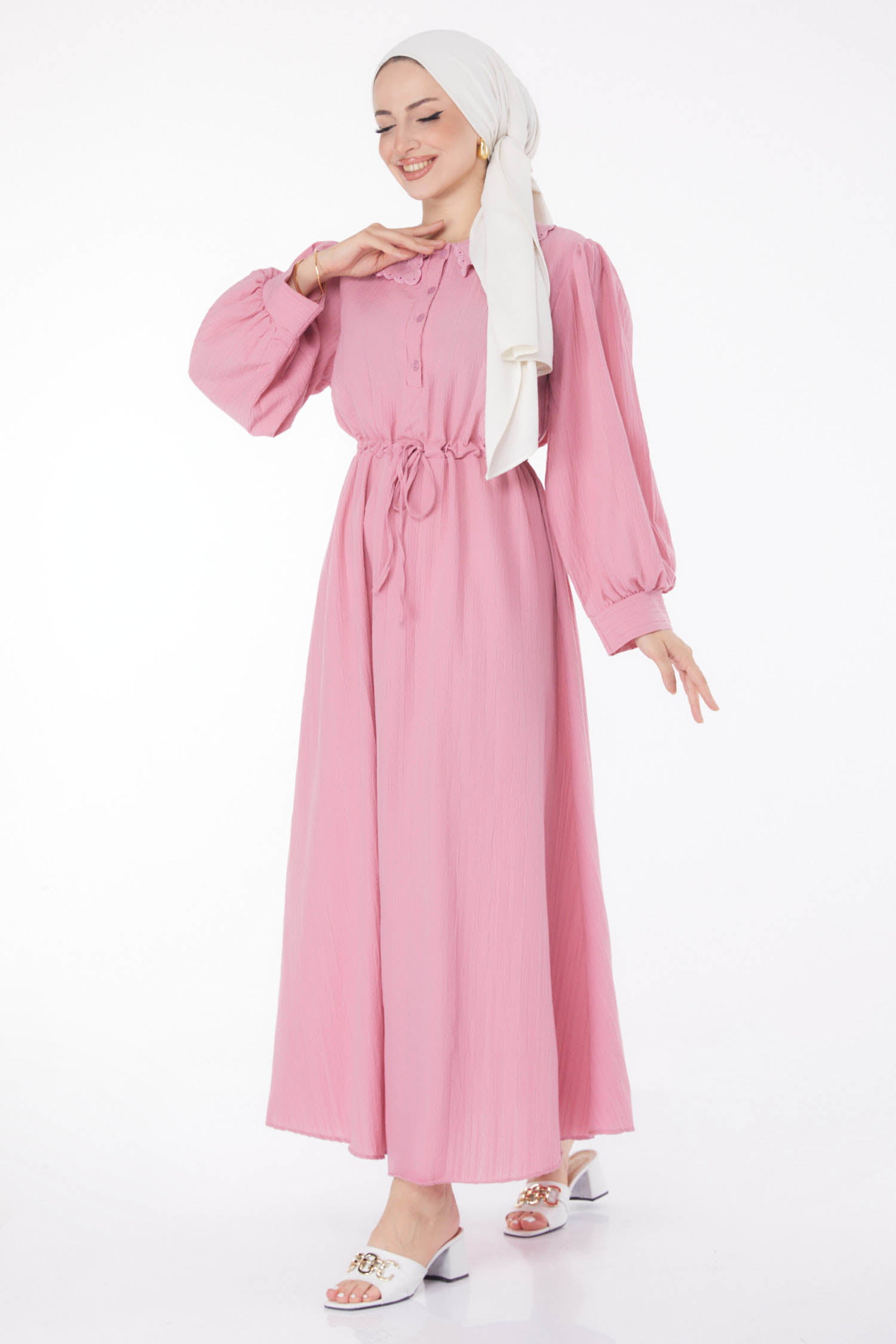 Düz Bebe Yaka Kadın Gül Beli Bağcıklı Elbise - 25709 - 1
