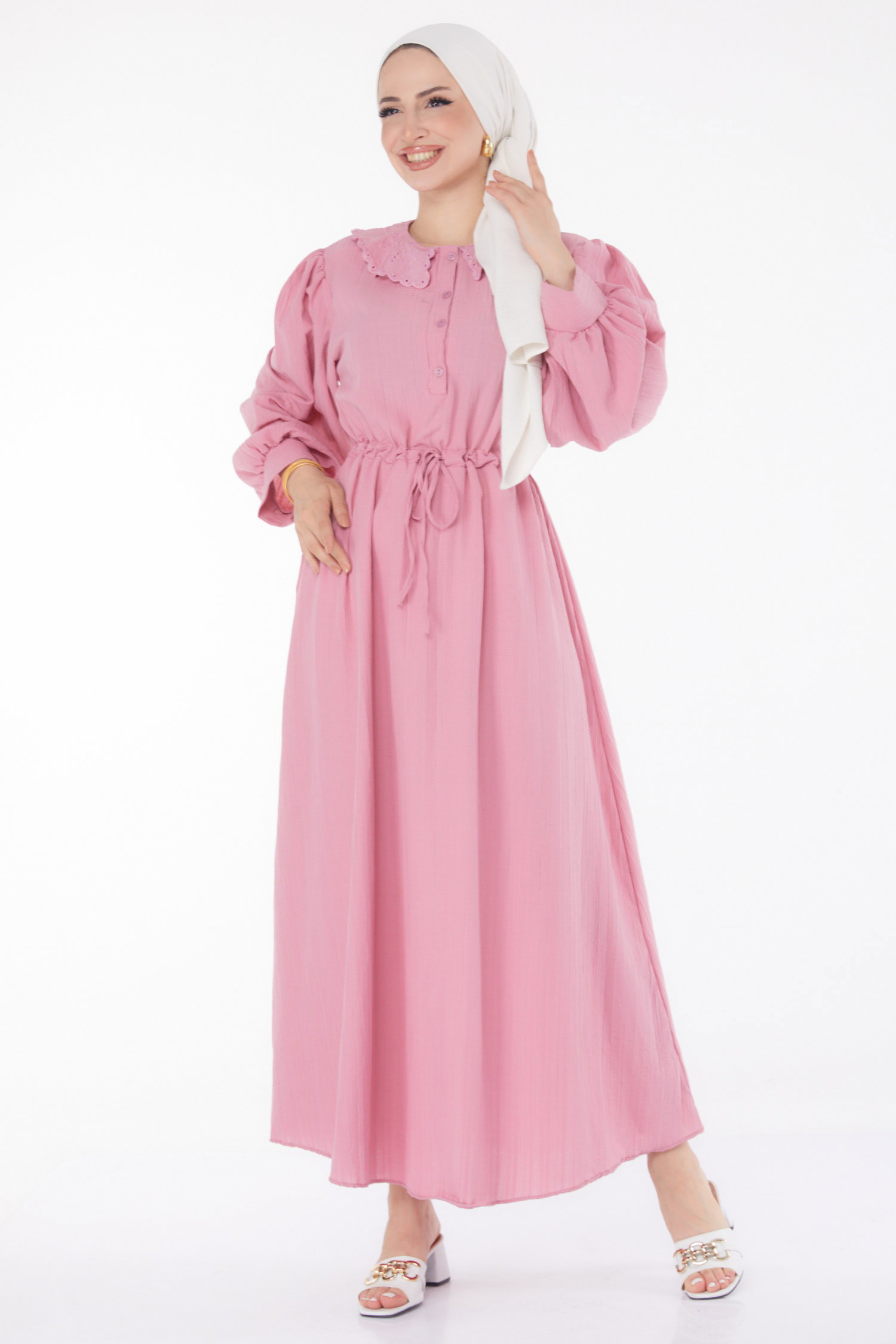 Düz Bebe Yaka Kadın Gül Beli Bağcıklı Elbise - 25709 - 3