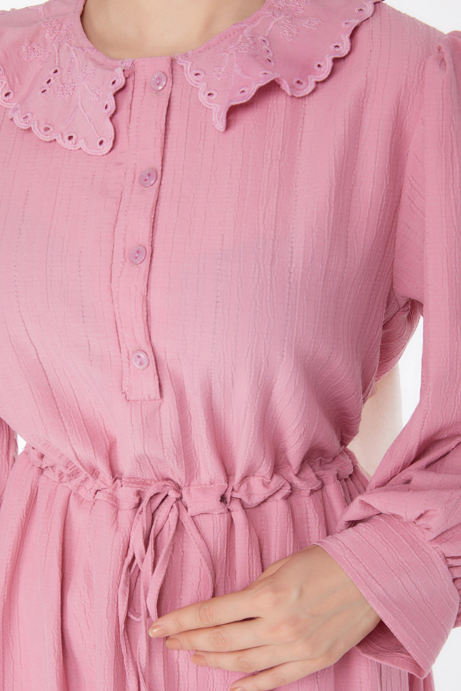 Düz Bebe Yaka Kadın Gül Beli Bağcıklı Elbise - 25709 - 6