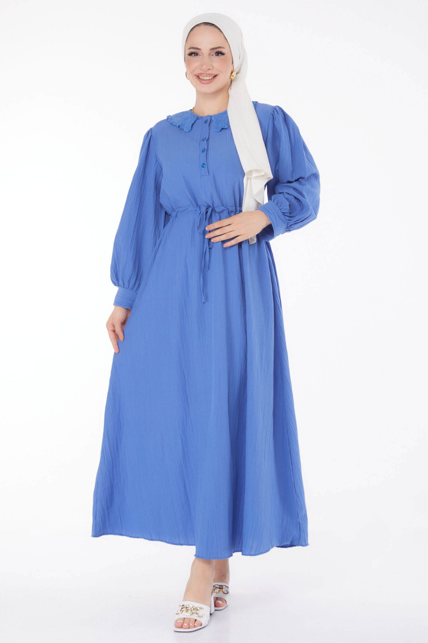 Düz Bebe Yaka Kadın Indigo Beli Bağcıklı Elbise - 25709 - 1