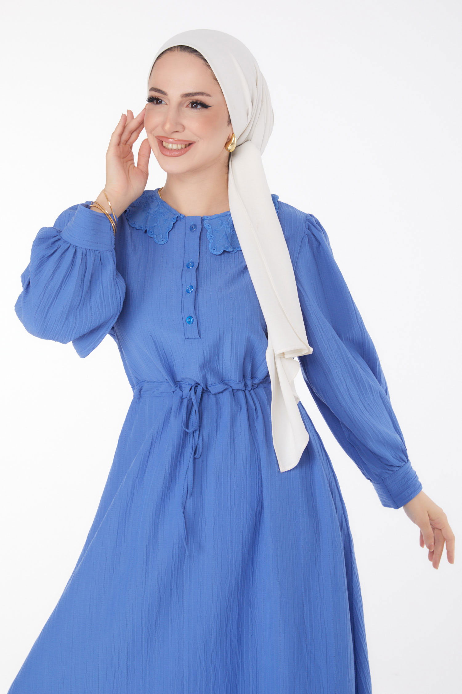 Düz Bebe Yaka Kadın Indigo Beli Bağcıklı Elbise - 25709 - 3