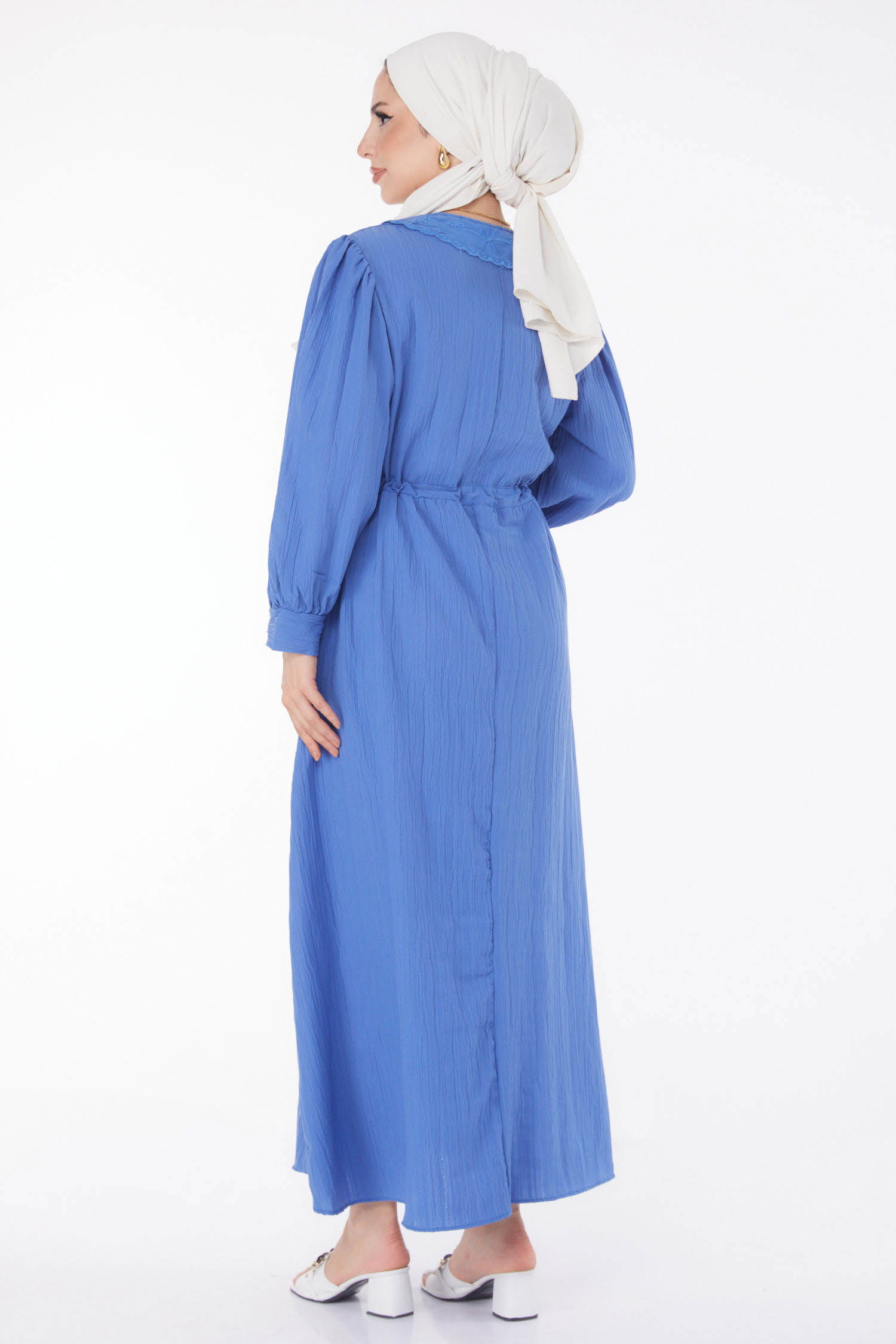 Düz Bebe Yaka Kadın Indigo Beli Bağcıklı Elbise - 25709 - 5
