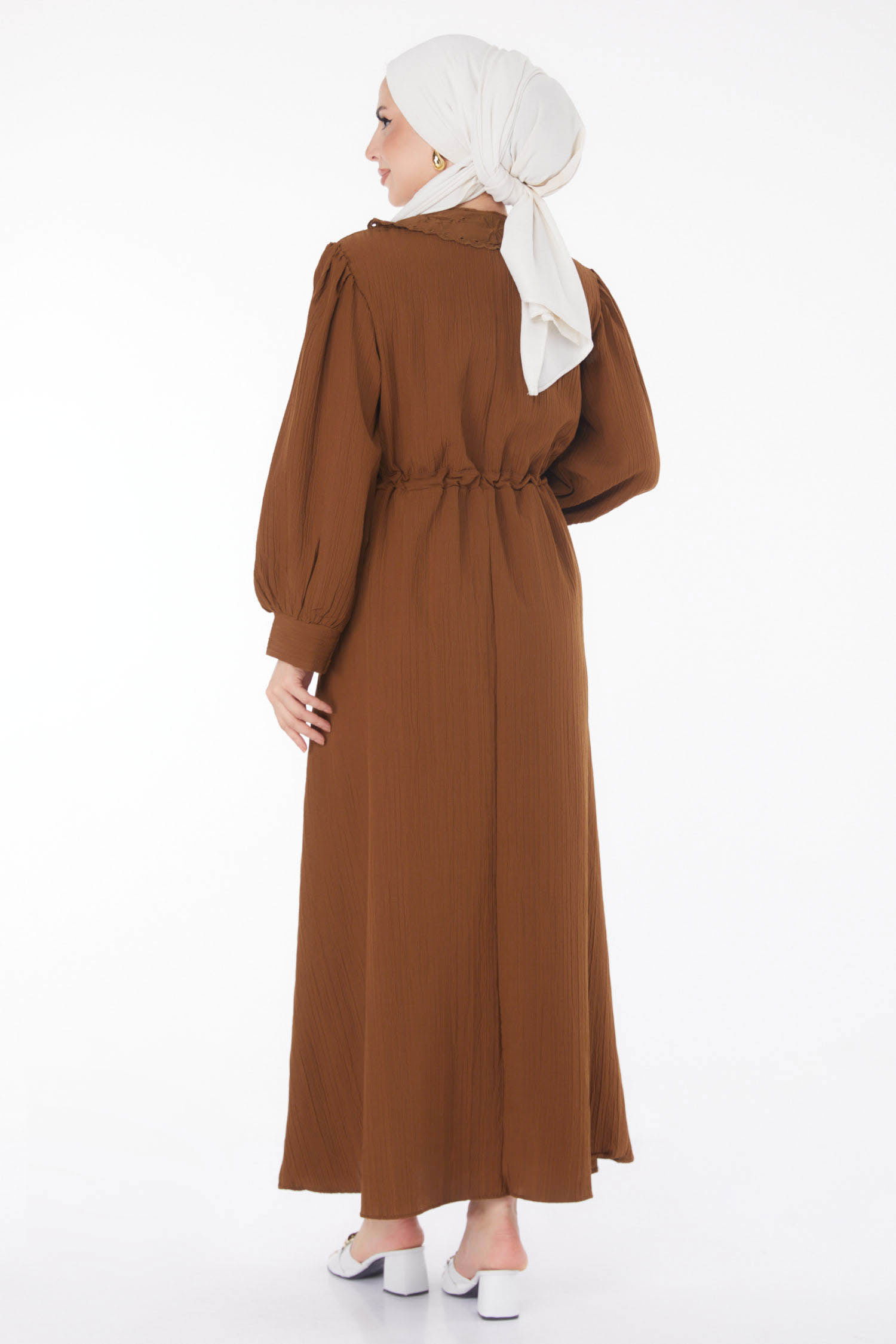 Düz Bebe Yaka Kadın Kahve Beli Bağcıklı Elbise - 25709 - 4