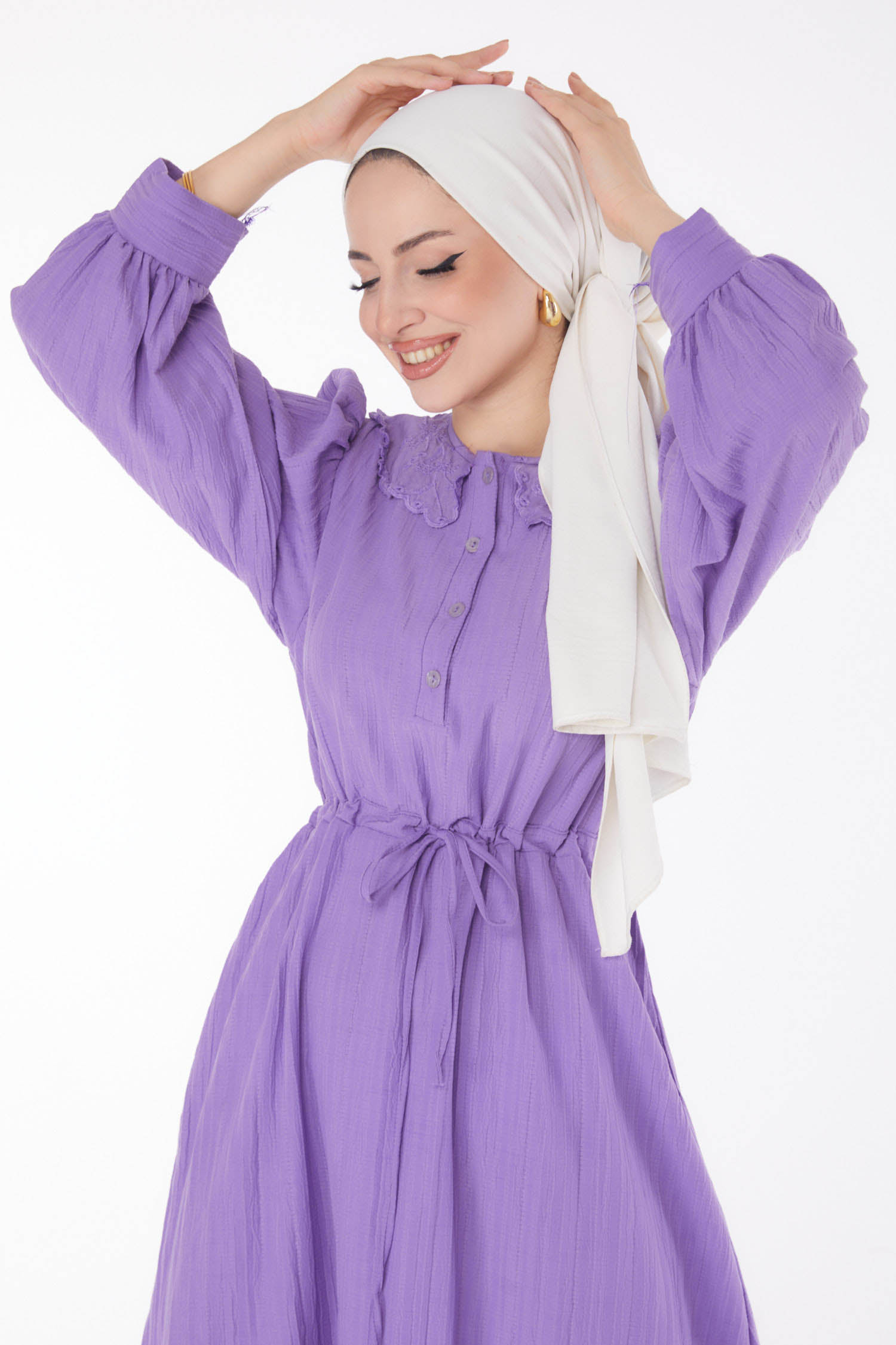 Düz Bebe Yaka Kadın Lila Beli Bağcıklı Elbise - 25709 - 3