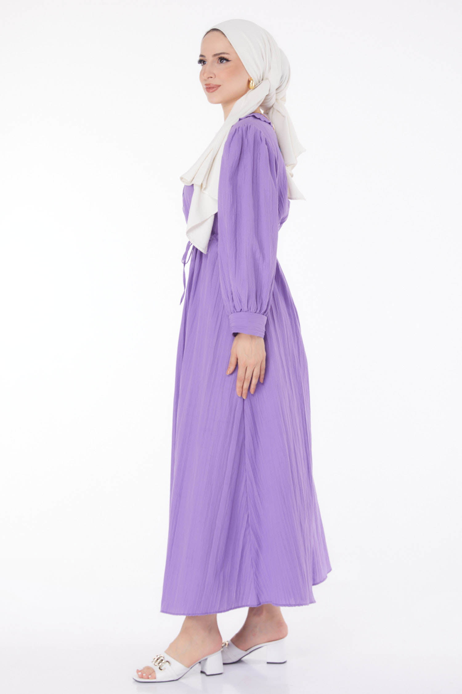 Düz Bebe Yaka Kadın Lila Beli Bağcıklı Elbise - 25709 - 4
