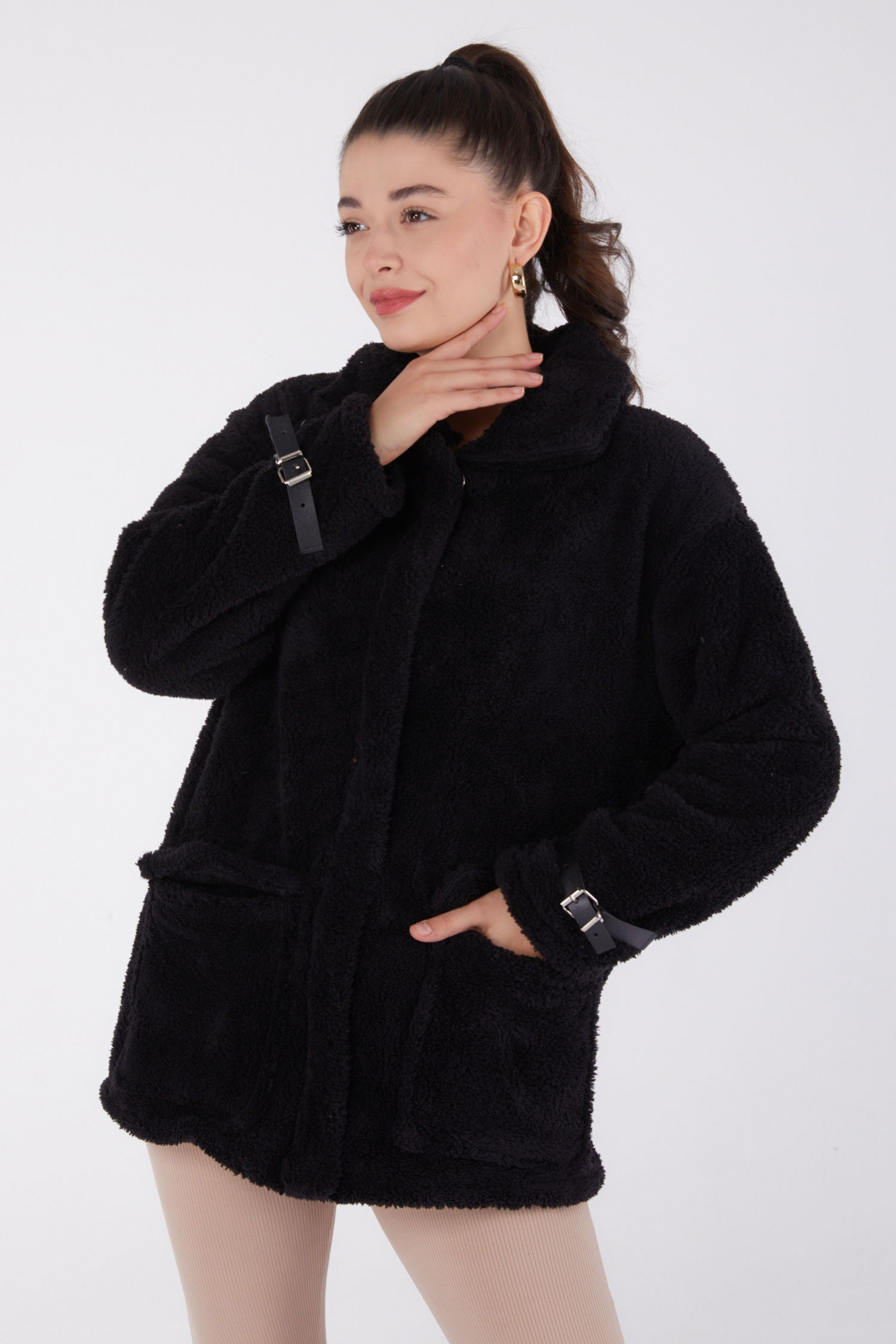 Düz Bebe Yaka Kadın Siyah Peluş Ceket - 13323 - 2