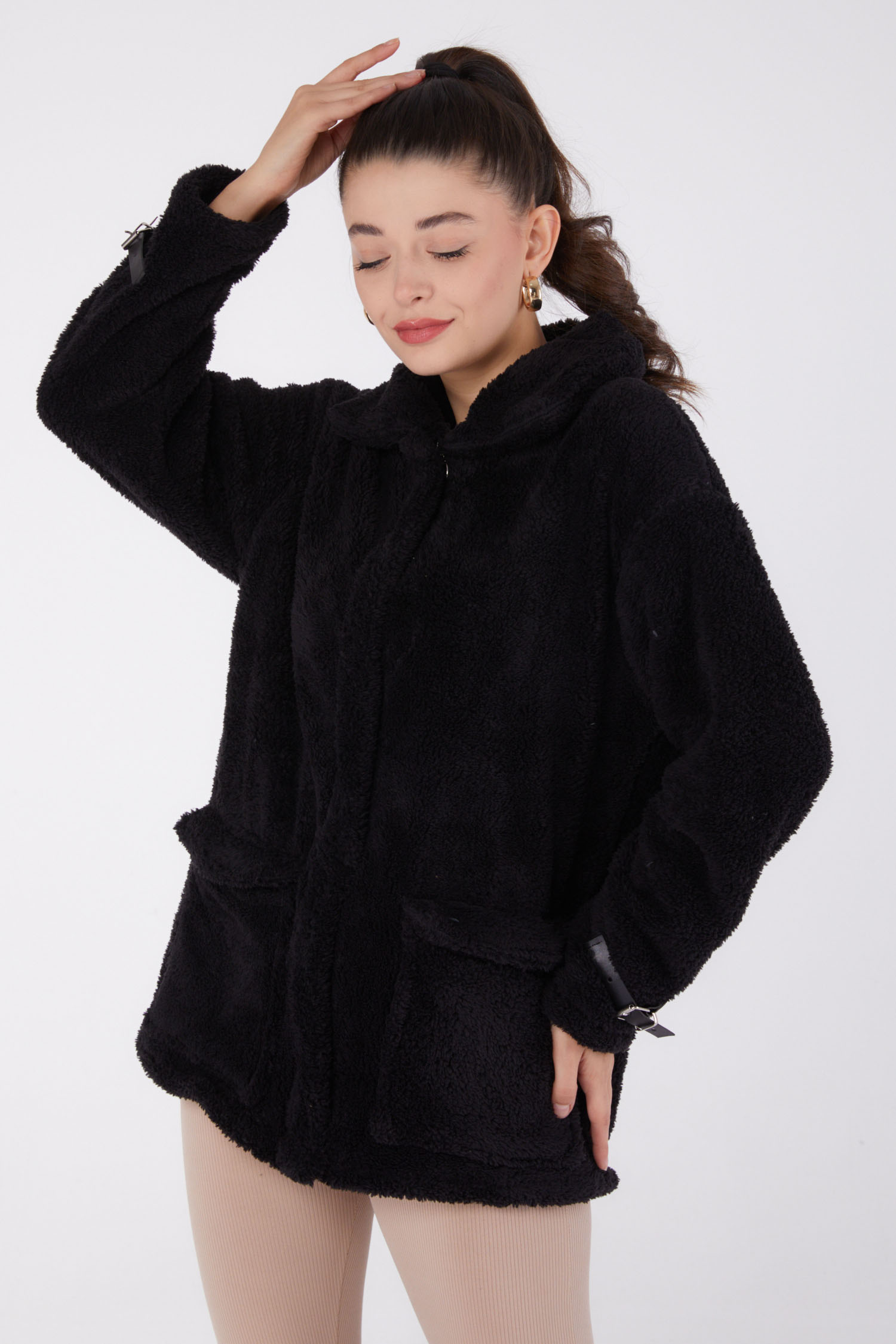 Düz Bebe Yaka Kadın Siyah Peluş Ceket - 13323 - 3