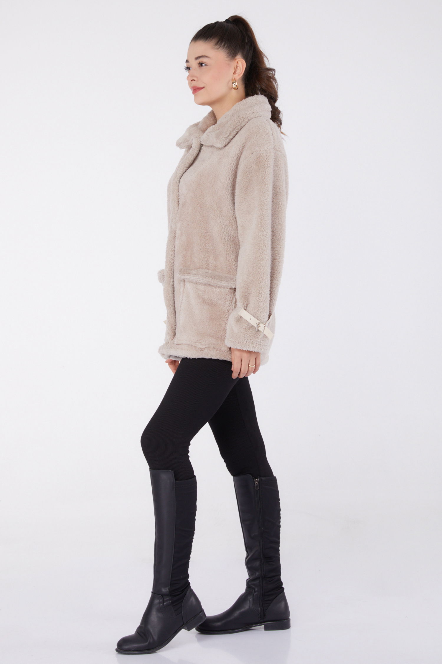 Düz Bebe Yaka Kadın Vizon Peluş Ceket - 13323 - 4