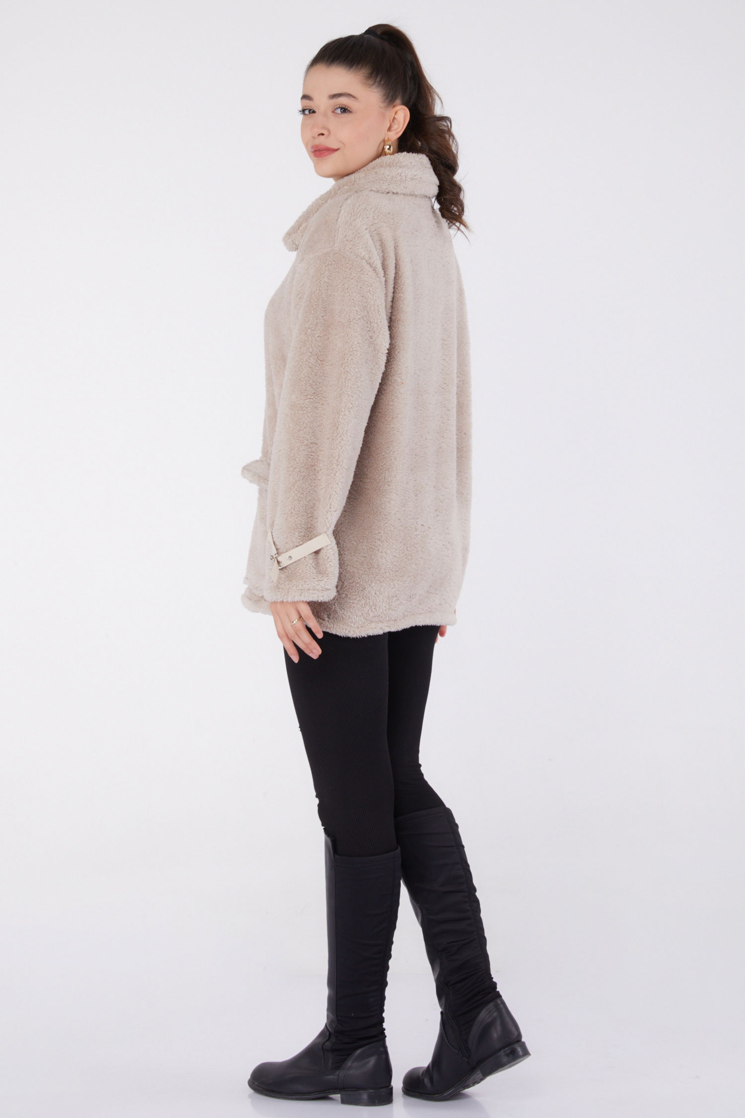 Düz Bebe Yaka Kadın Vizon Peluş Ceket - 13323 - 5