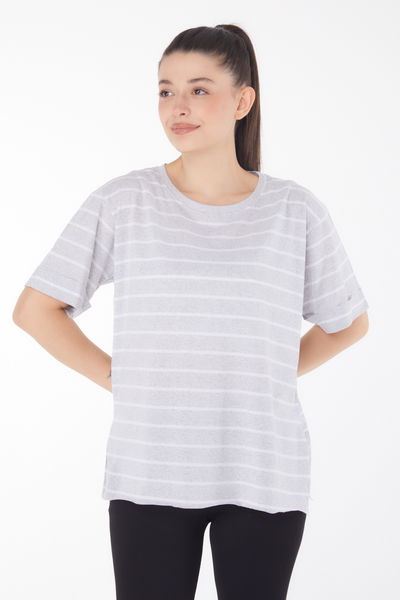 Düz Bisiklet Yaka Kadın Açik Gri Çizgili Kısa Kollu T-shirt - 25840 