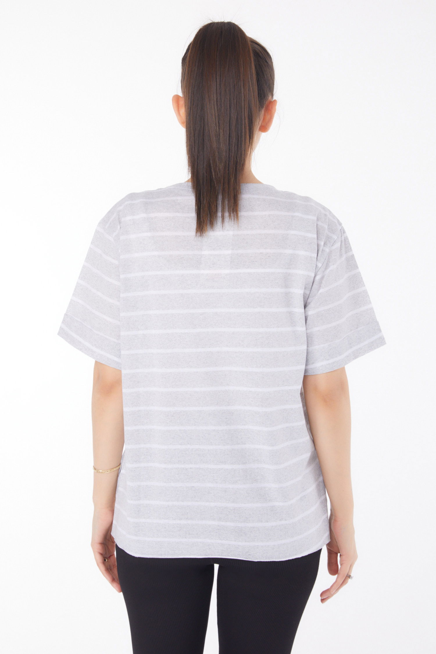 Düz Bisiklet Yaka Kadın Açik Gri Çizgili Kısa Kollu T-shirt - 25840 - 5