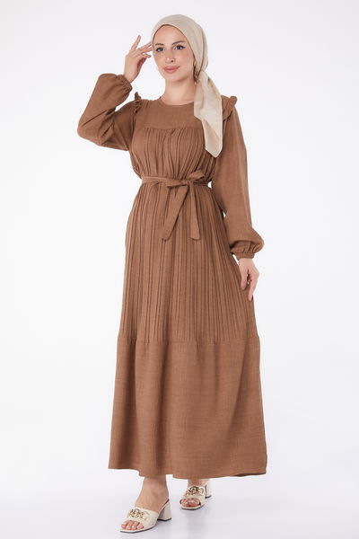 Piliseli Tesettür Elbise Açik Kahve - 25382 