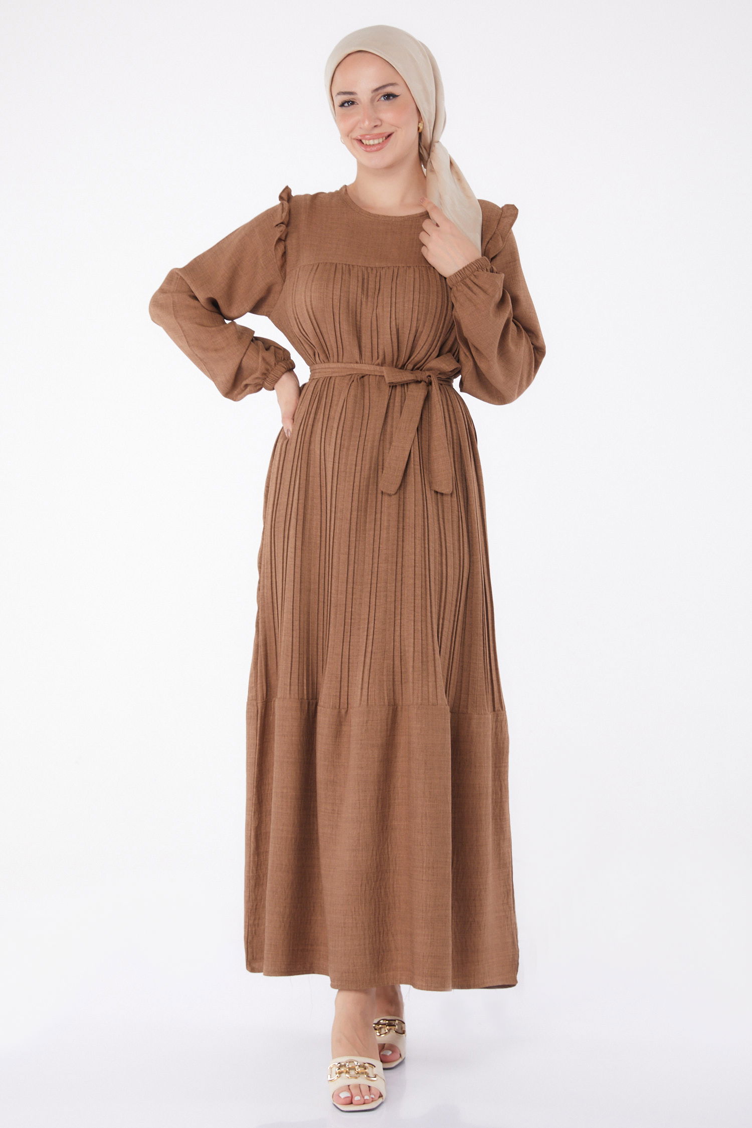 Piliseli Tesettür Elbise Açik Kahve - 25382 - 2