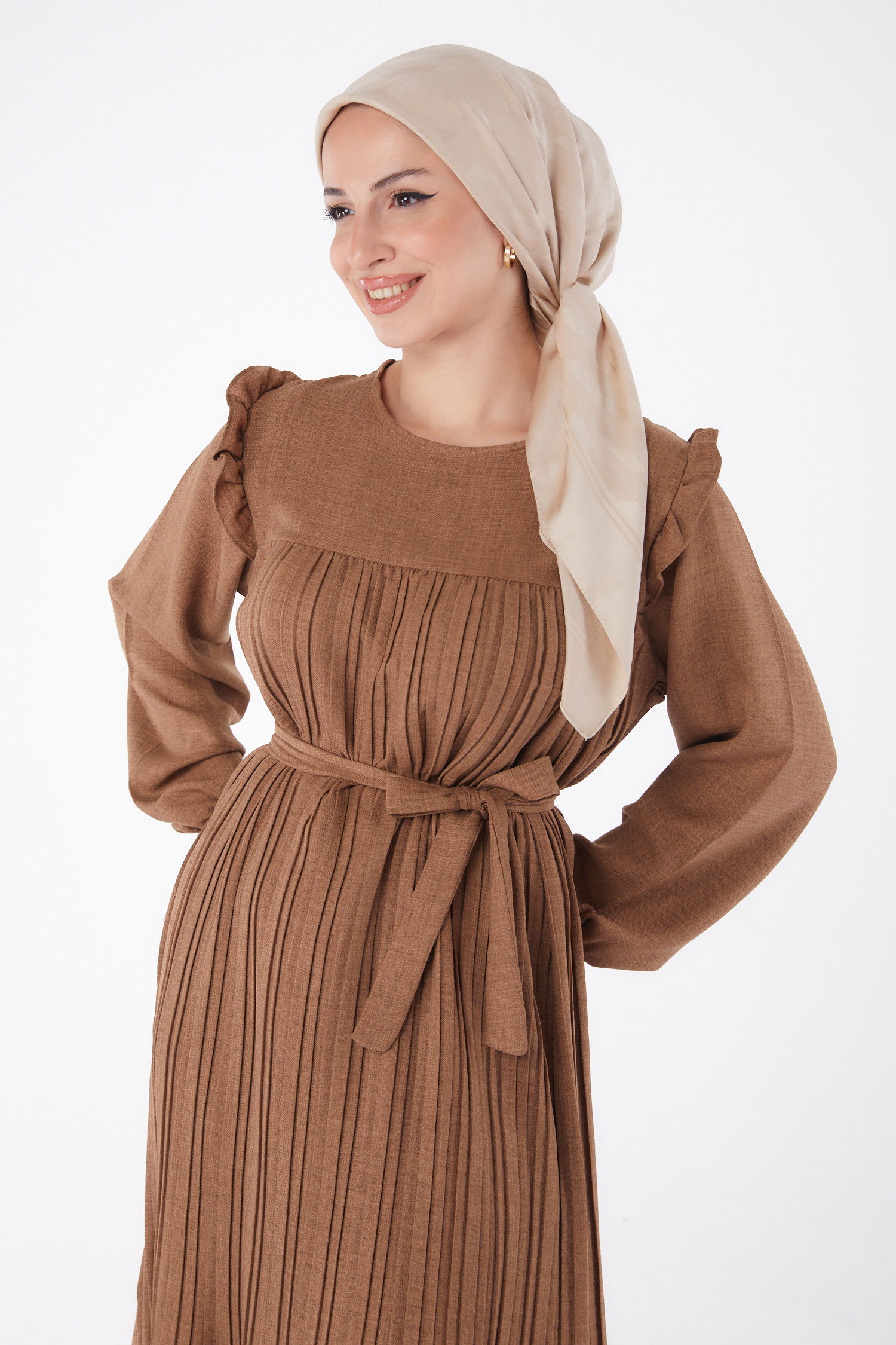 Piliseli Tesettür Elbise Açik Kahve - 25382 - 3