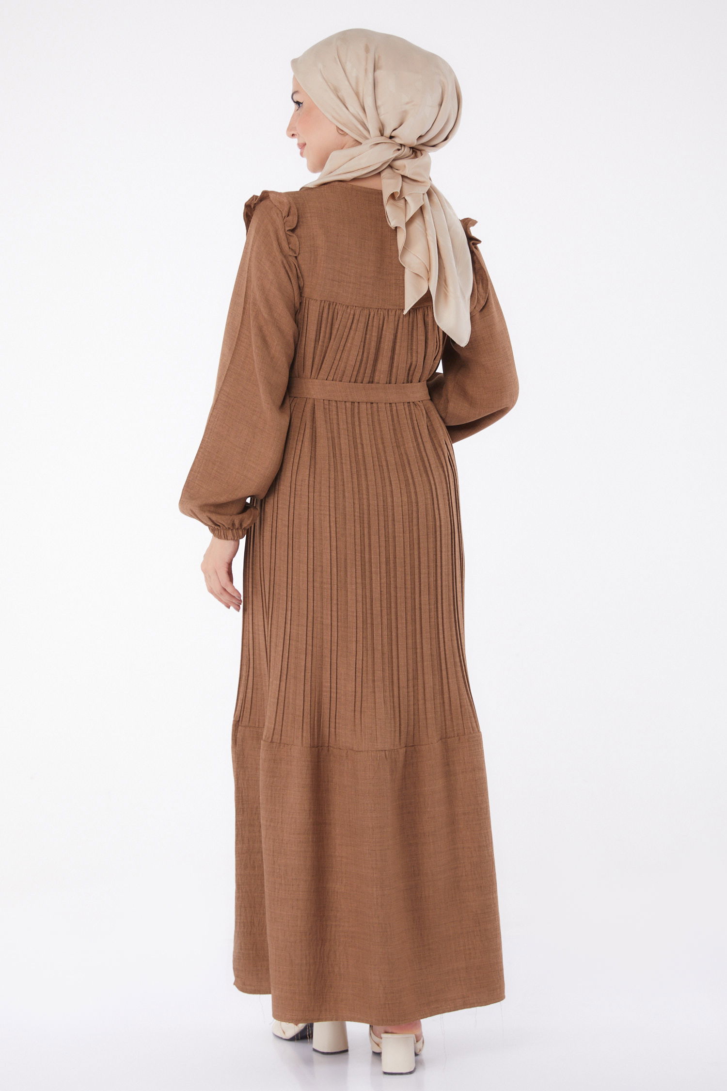Piliseli Tesettür Elbise Açik Kahve - 25382 - 5