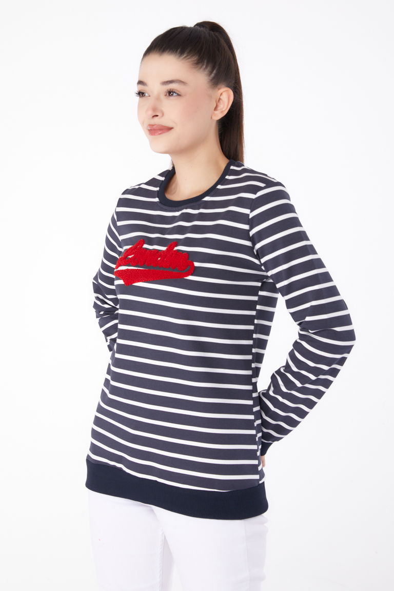 Düz Bisiklet Yaka Kadın Antrasit Nakışlı Sweatshirt - 26287 - TOFİSA